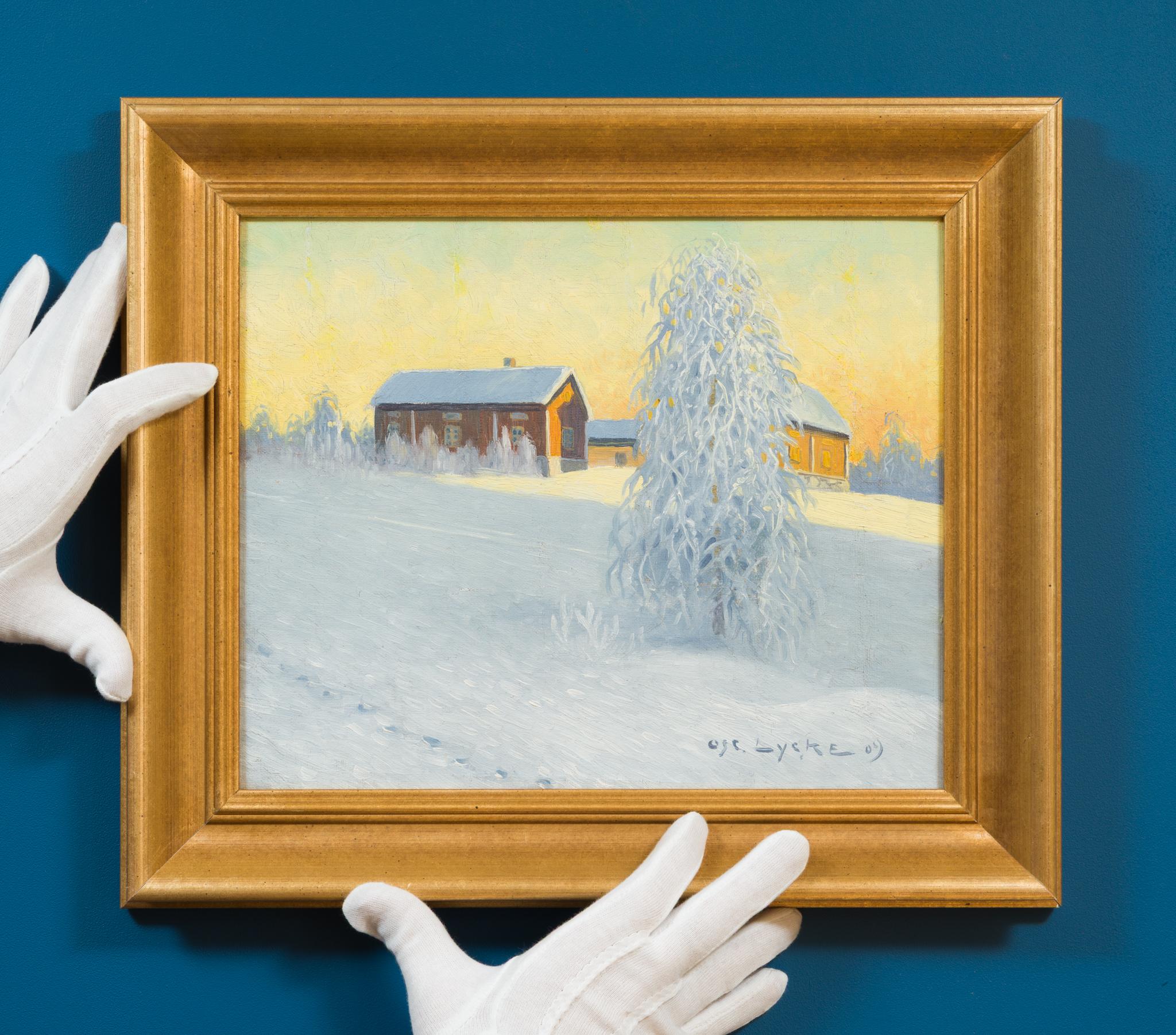 Crepuscolo nel Nord - Case rosse e luce d'inverno - Painting di Oscar Lycke