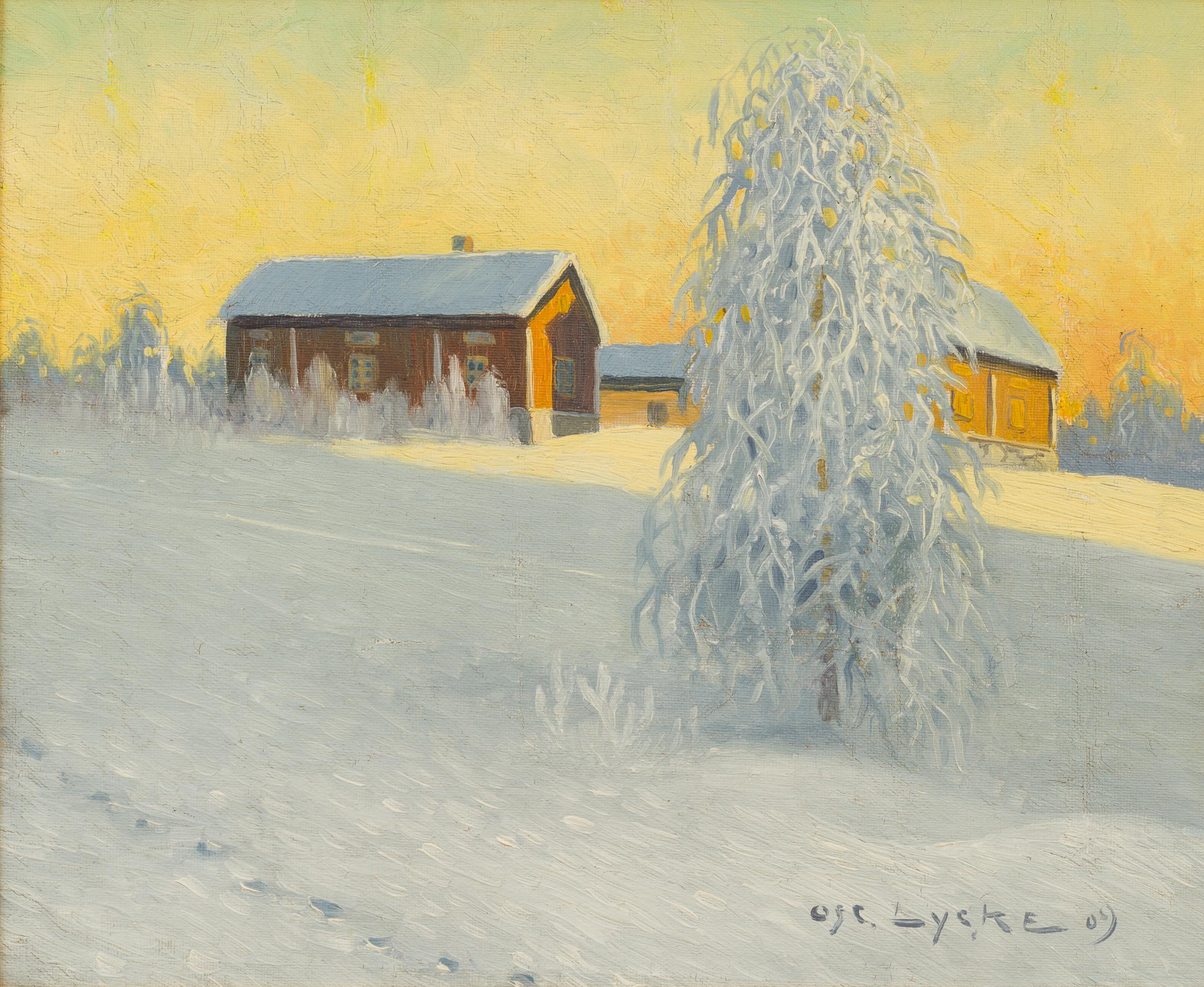 Crepuscolo nel Nord - Case rosse e luce d'inverno - Painting Postimpressionismo di Oscar Lycke