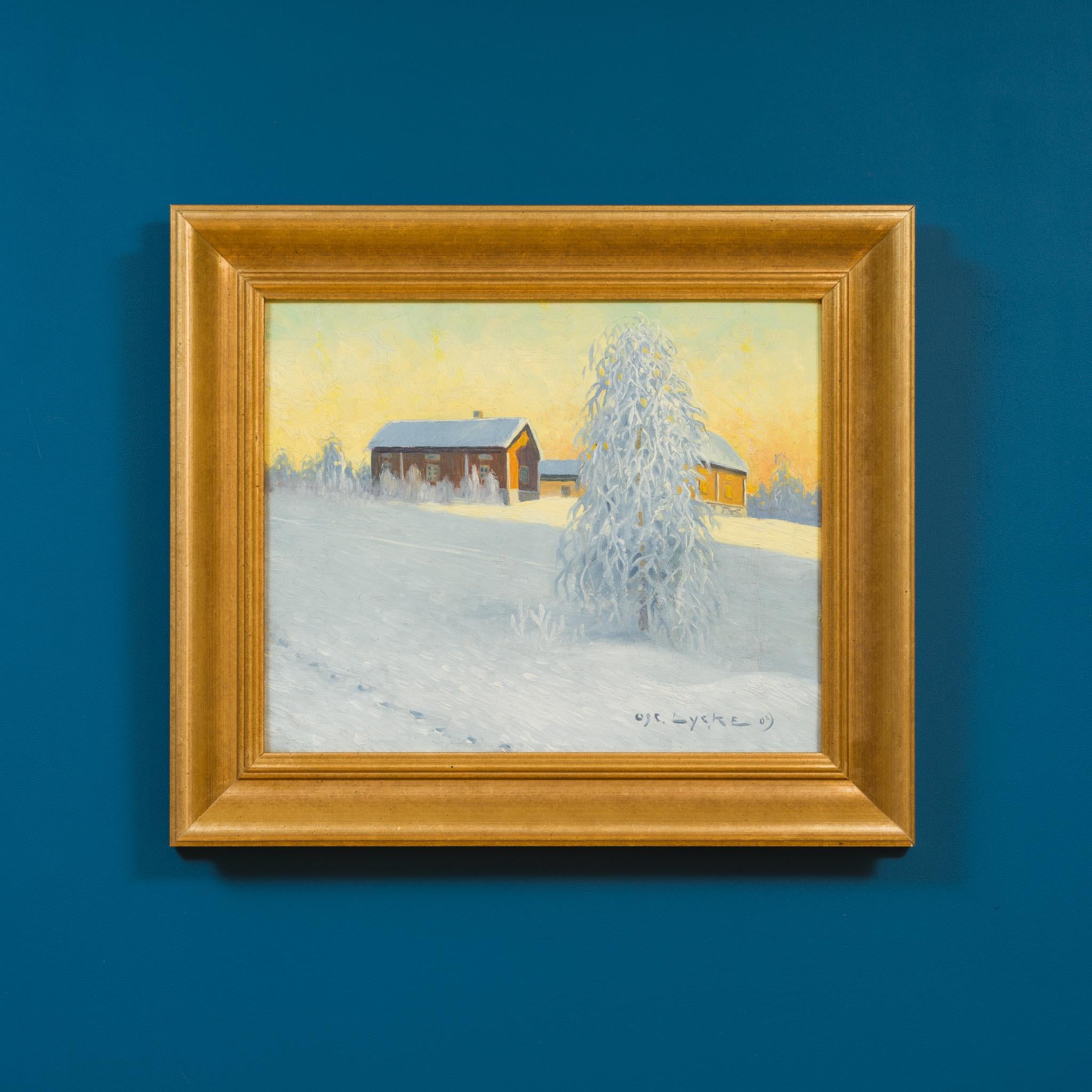 Crepuscolo nel Nord - Case rosse e luce d'inverno - Landscape Painting Beige di Oscar Lycke