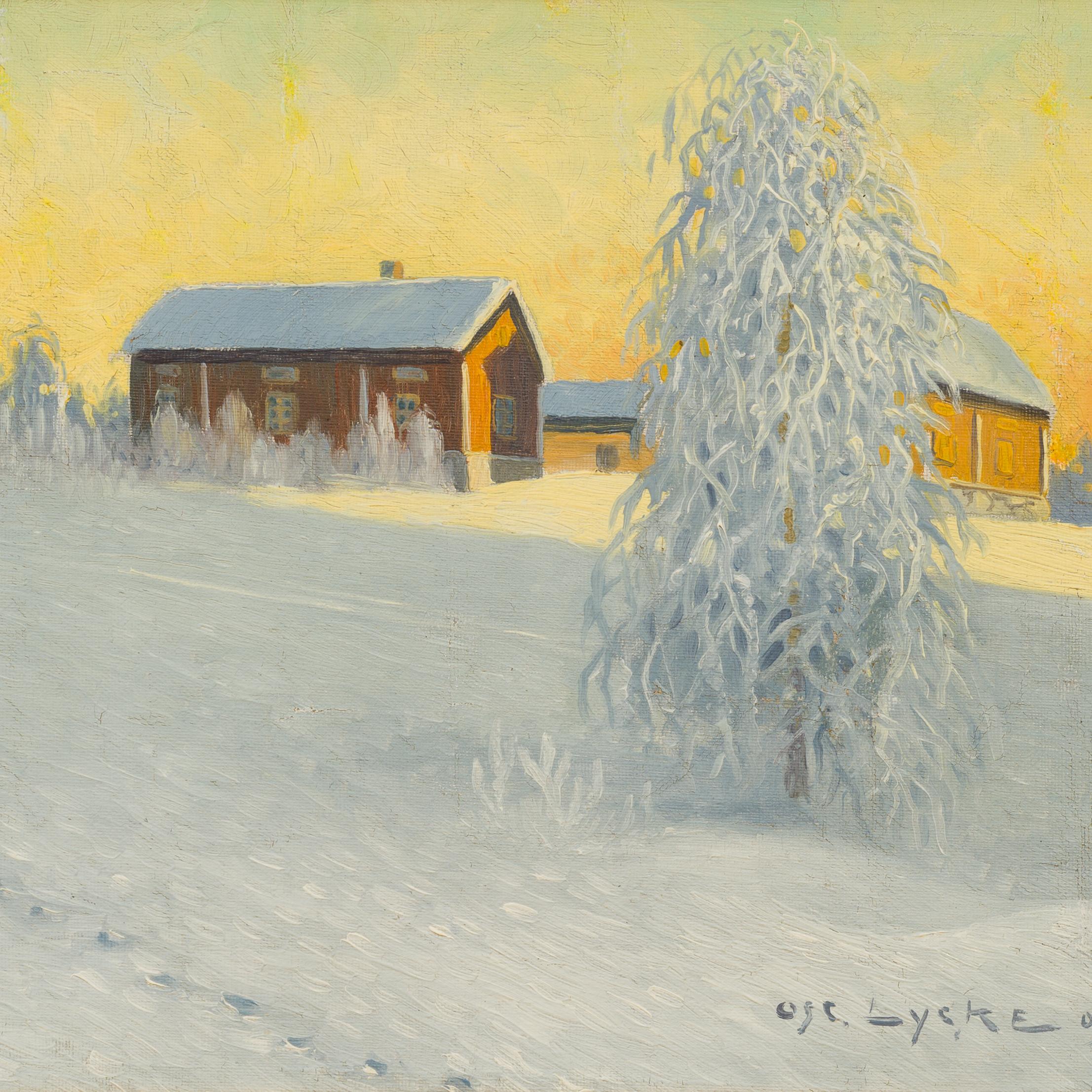 Questo suggestivo paesaggio invernale di Oscar Lycke cattura la tranquilla poesia della Svezia settentrionale. Una betulla piangente ricoperta di brina domina il primo piano, con i suoi rami delicati che brillano alla luce del tramonto. Alle sue