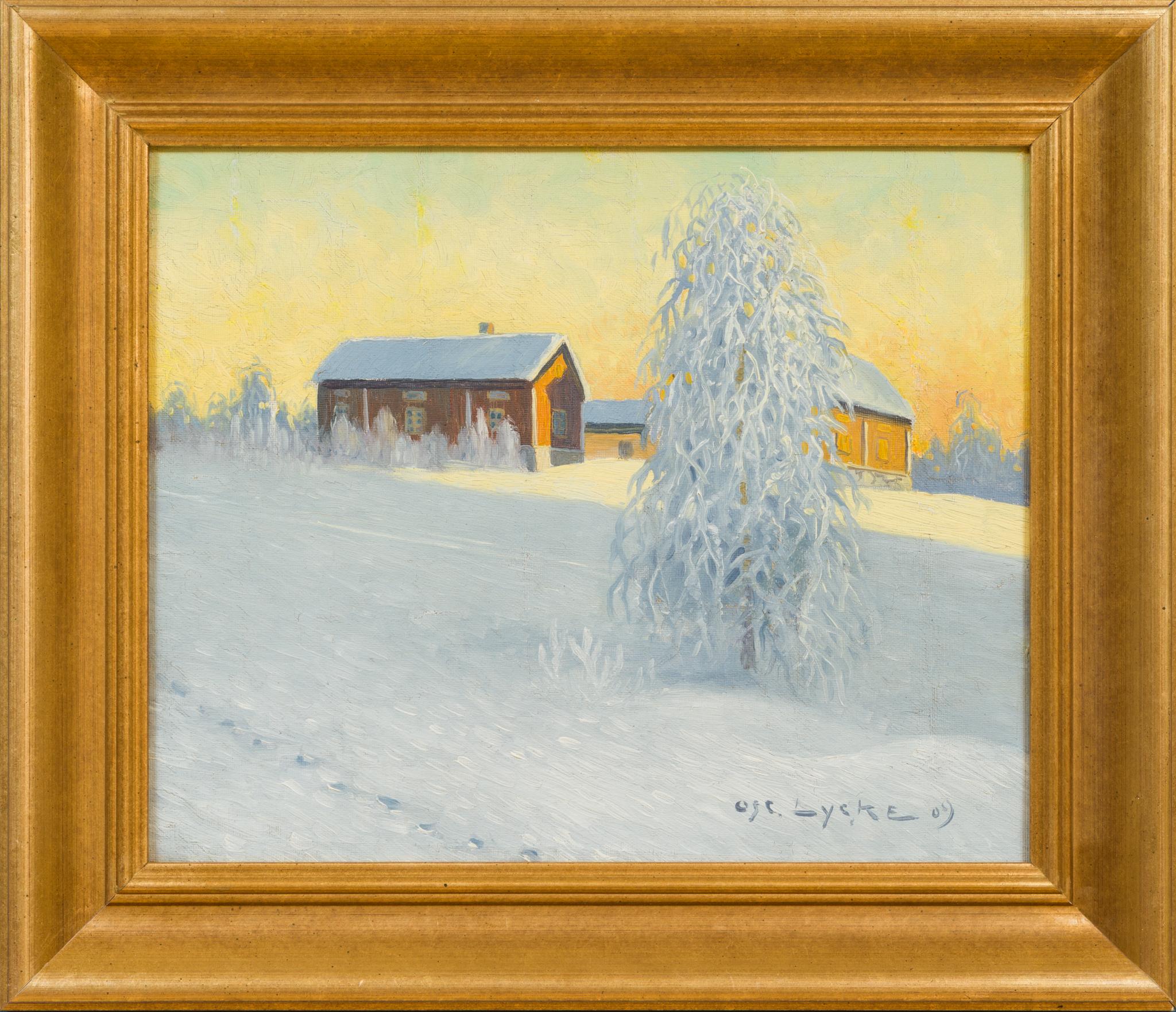 Landscape Painting di Oscar Lycke - Crepuscolo nel Nord - Case rosse e luce d'inverno