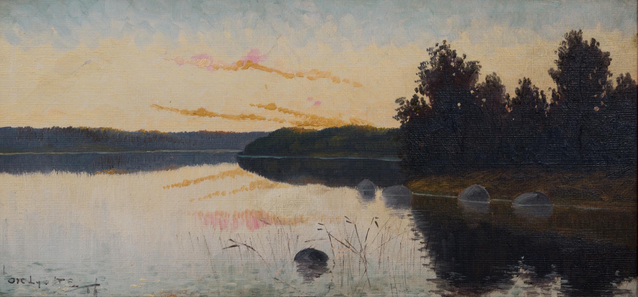 Twilight Reflections, Northern Lake - Post-Impressionist Painting by Oscar Lycke