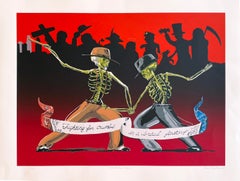 and the Boss laughs, screen print by Oscar Magallanes, Chicano social Satire