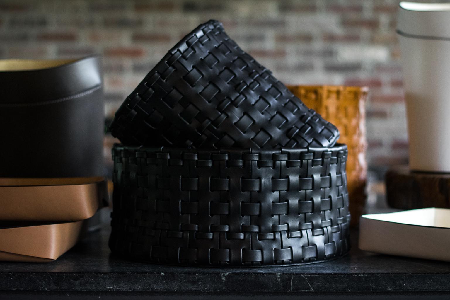 Hand-Woven Oscar Maschera Woven Leather Wastebasket