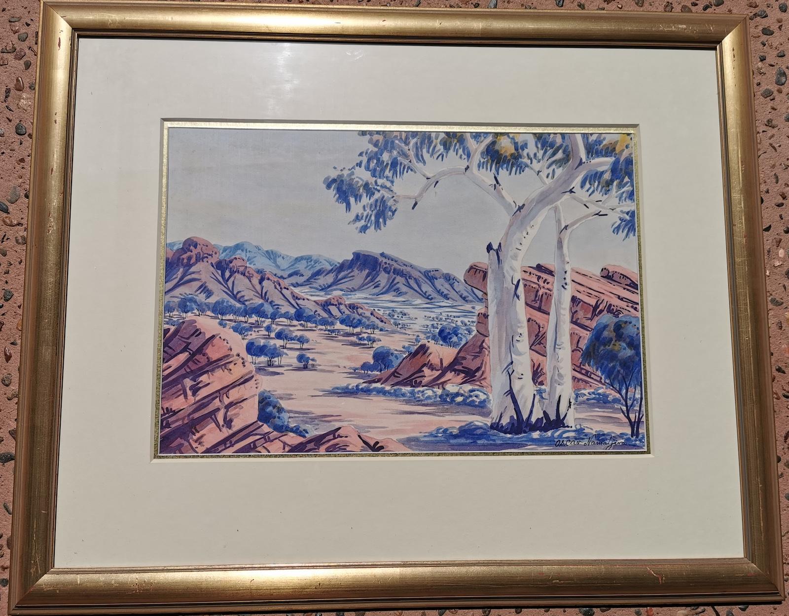 Oscar Namatjira (1922-1991), Central Australian Landscape,
signed bottom right,
image 51 x 36cm, frame 82 x 67cm
Oscar Namatjira was born in 1922. He attended Mission school before joining the Army Labour Gang in 1942. Three years later he