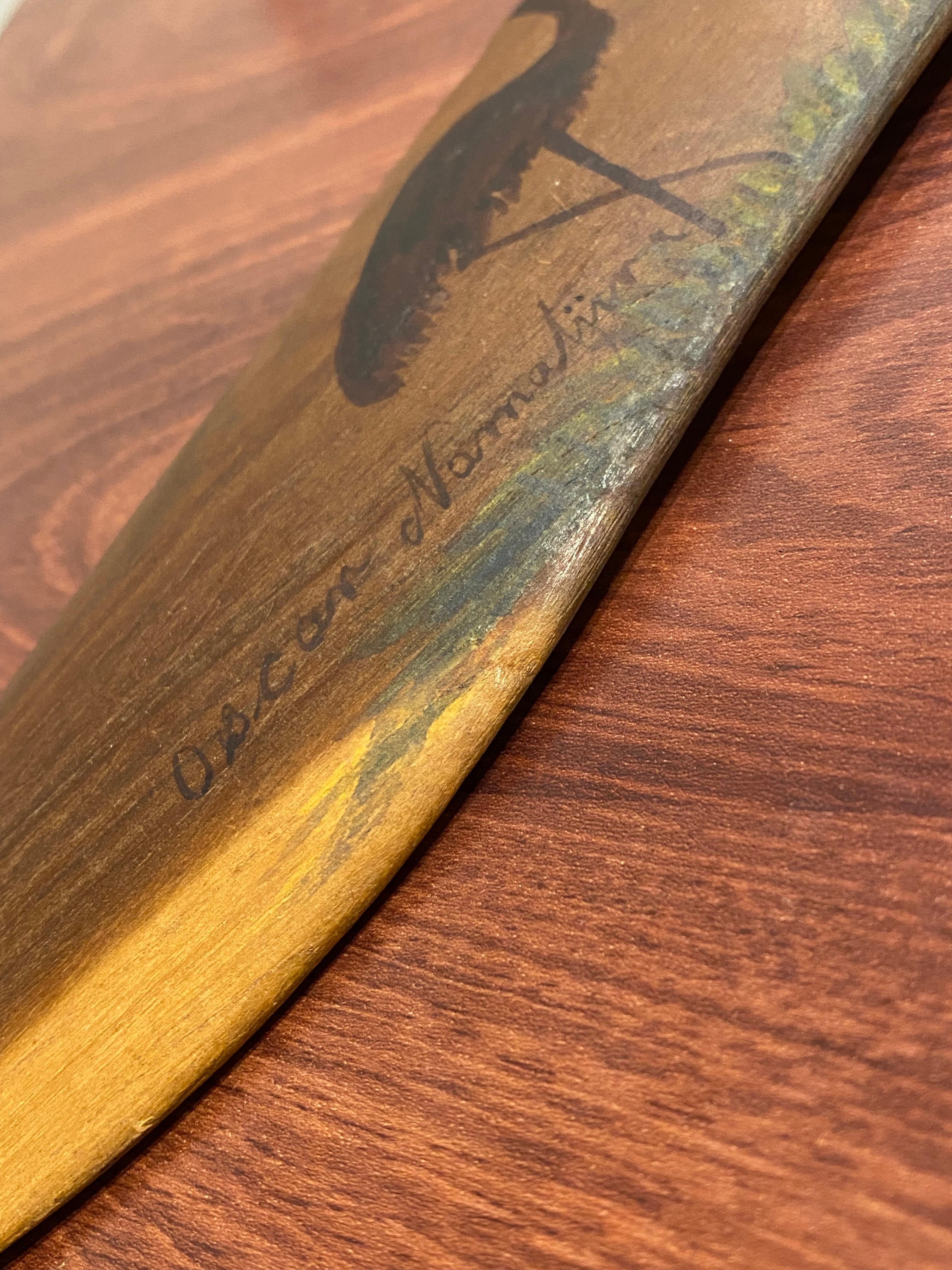 Oscar Namatjira Bemalte australische Boomerang-Landschaft aus Mulga-Holz, Kangaroo, Emu 1