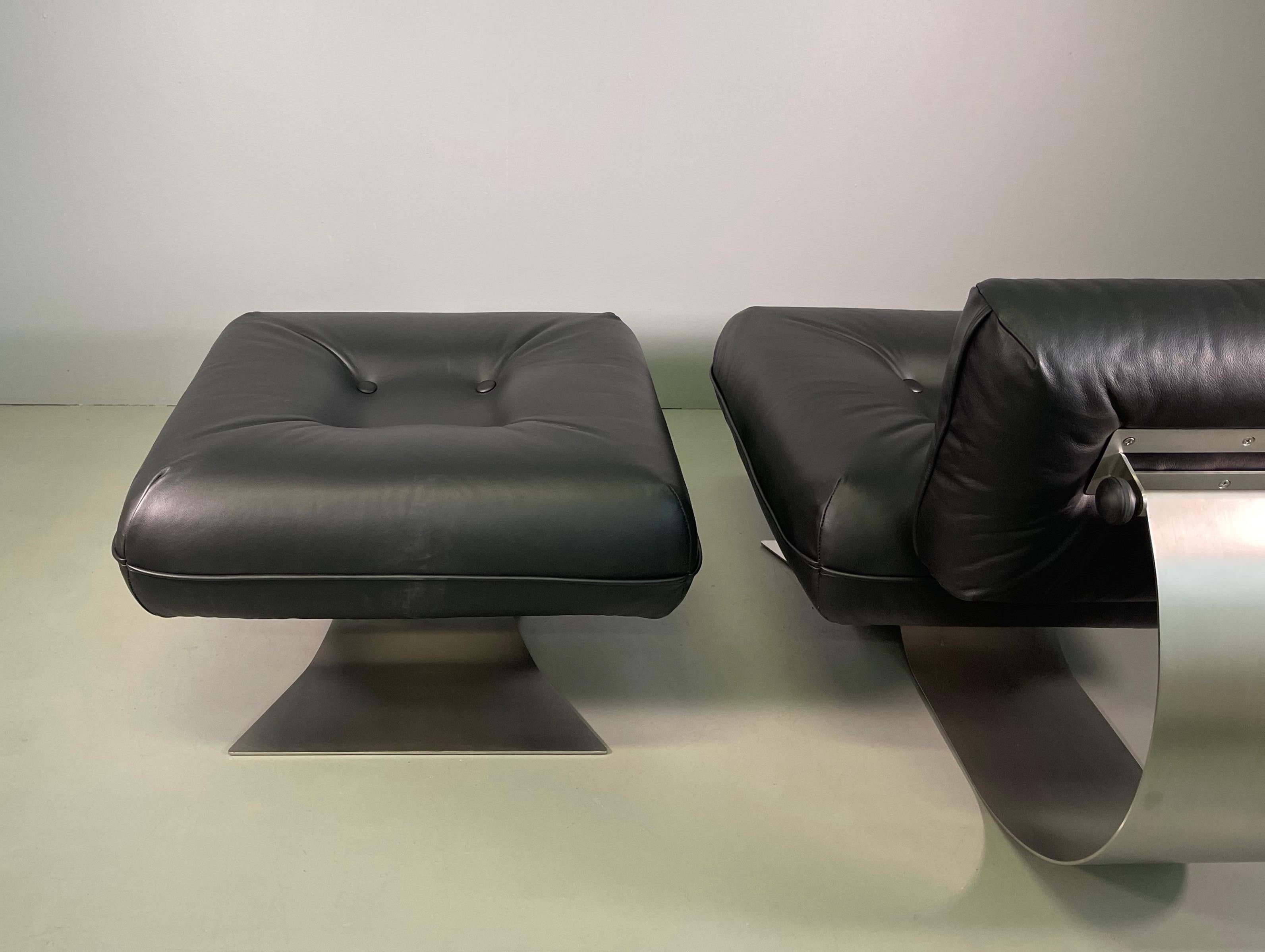 Stainless Steel Oscar Niemeyer Armchair and Ottoman Model 