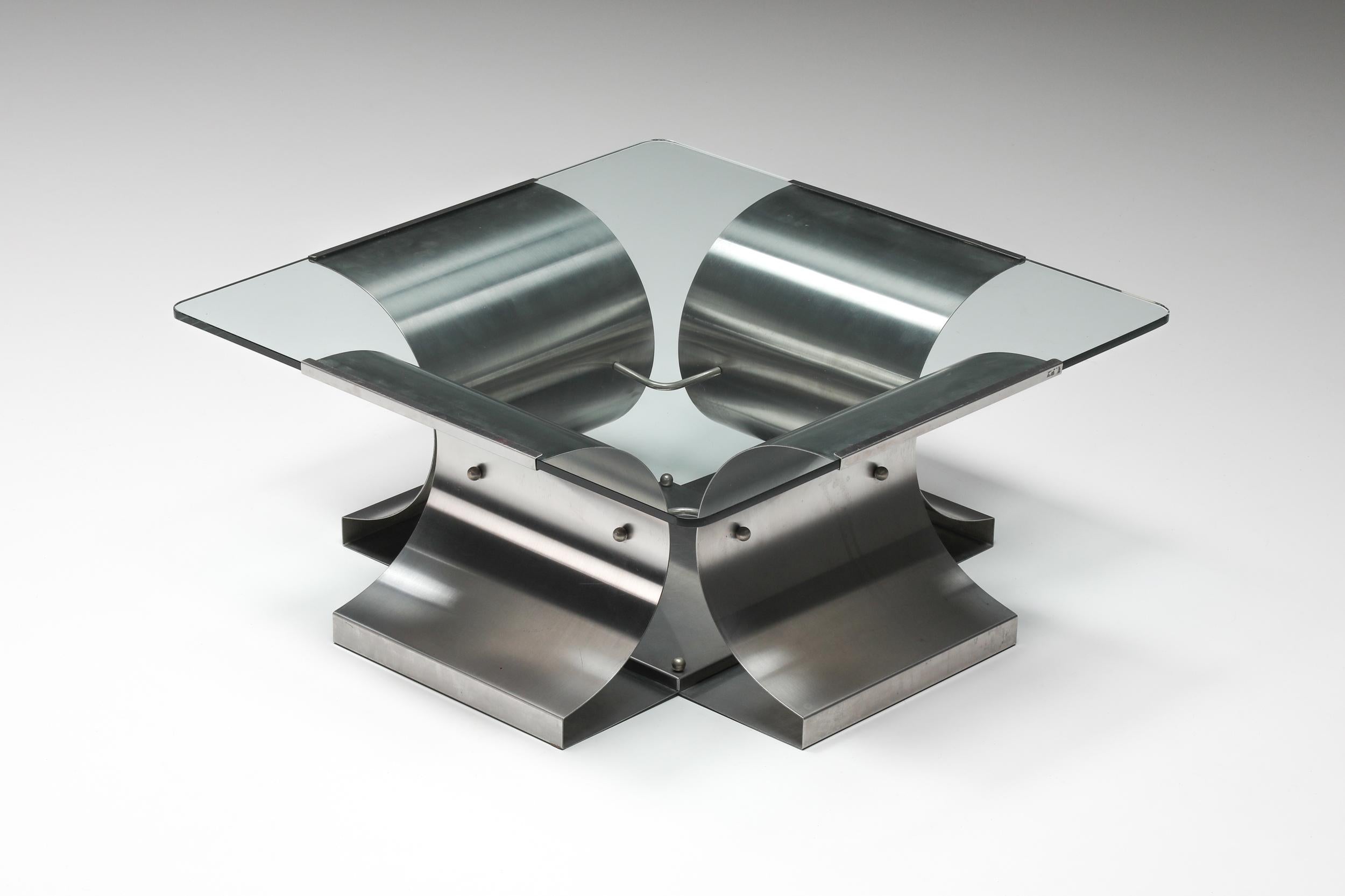 Mid-Century Modern Oscar Niemeyer Inspired Square Glass & Metal Coffee Table, Architectural, 1970's