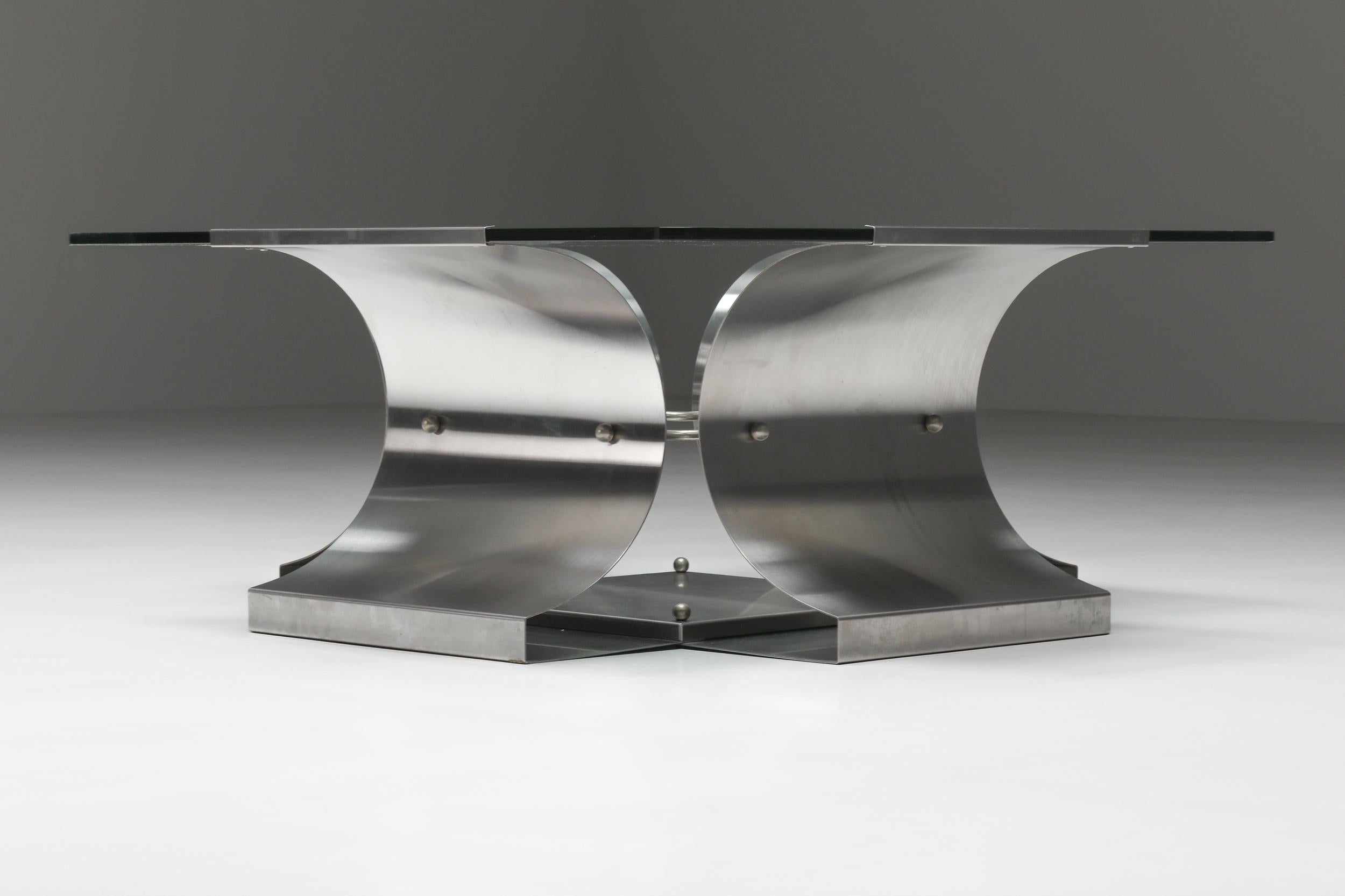 Brazilian Oscar Niemeyer Inspired Square Glass & Metal Coffee Table, Architectural, 1970's