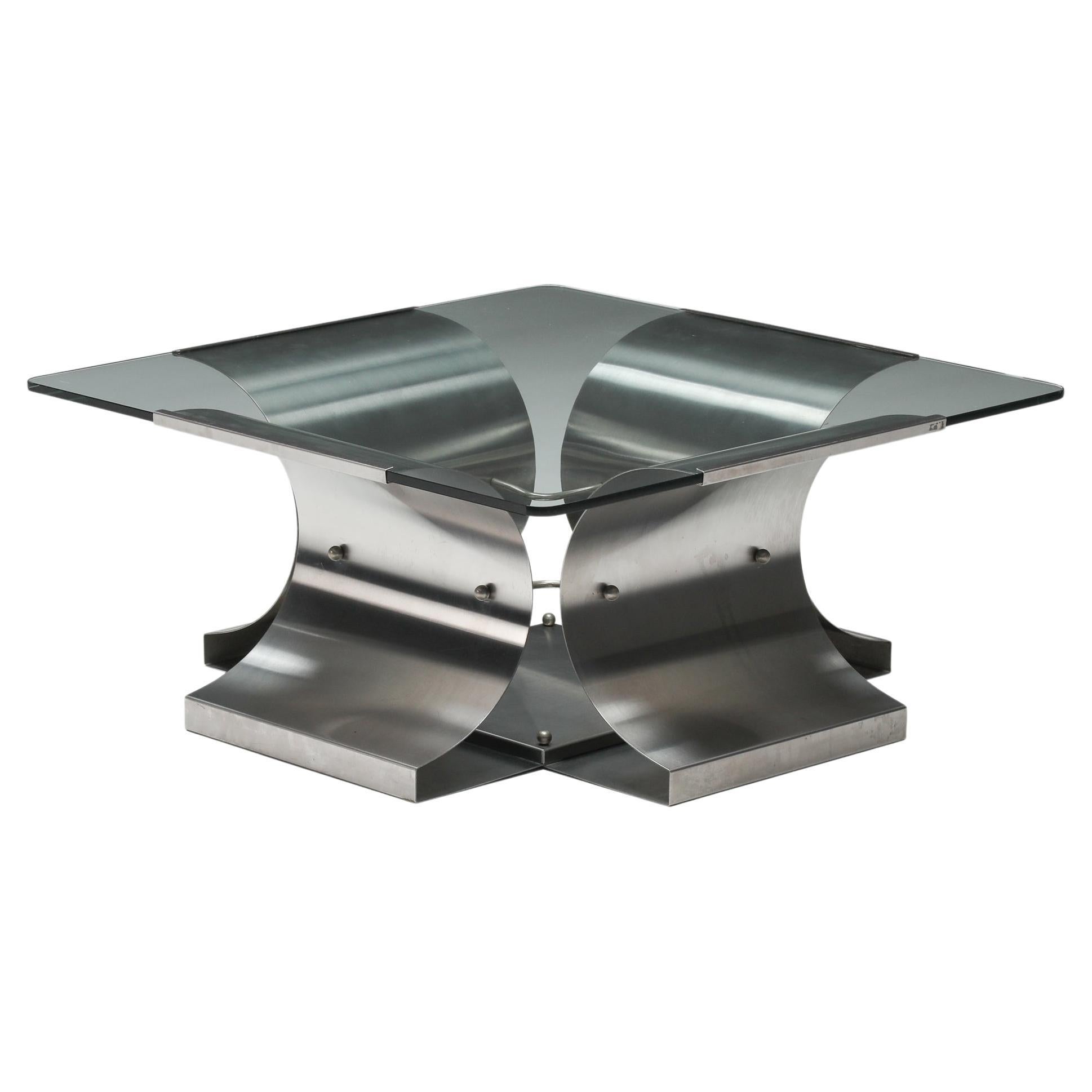 Oscar Niemeyer Inspired Square Glass & Metal Coffee Table, Architectural, 1970's