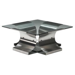 Oscar Niemeyer Inspired Square Glass & Metal Coffee Table, Architectural, 1970's