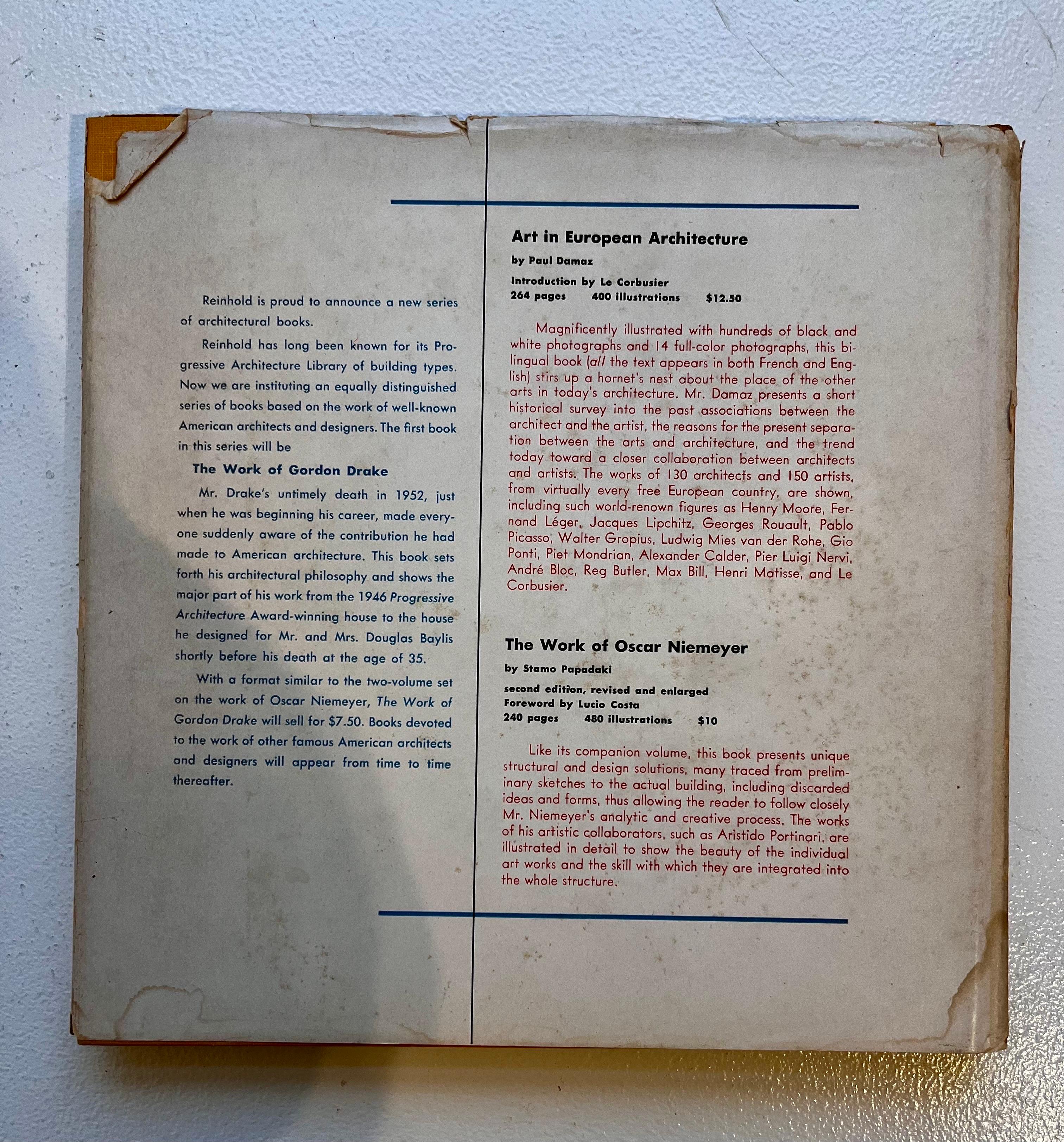 Oscar Niemeyer: Works in Progress, 
Hard Cover with Dust Jacket, 1958
Second Printing
Printed in the USA by Reinhold Publishing Corporation

