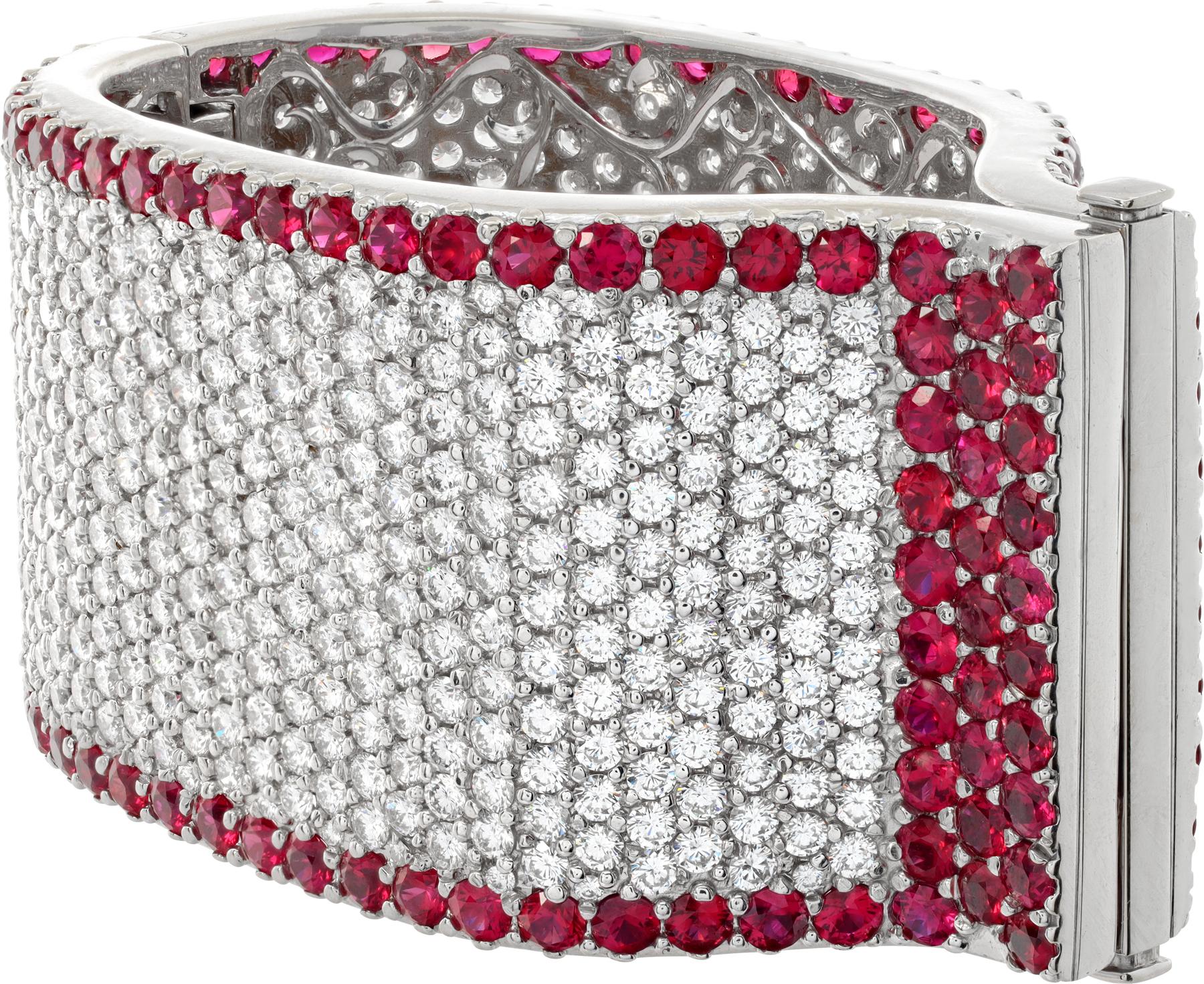 Oscar night spectacular diamonds & rubies cuff bangle bracelet. Over 59.00 carats Round brilliant cut diamonds & over 40.00 carat round brilliant cut rubies, 18K white gold. Round brilliant cut diamonds total approx. weight over 59.00 carats,