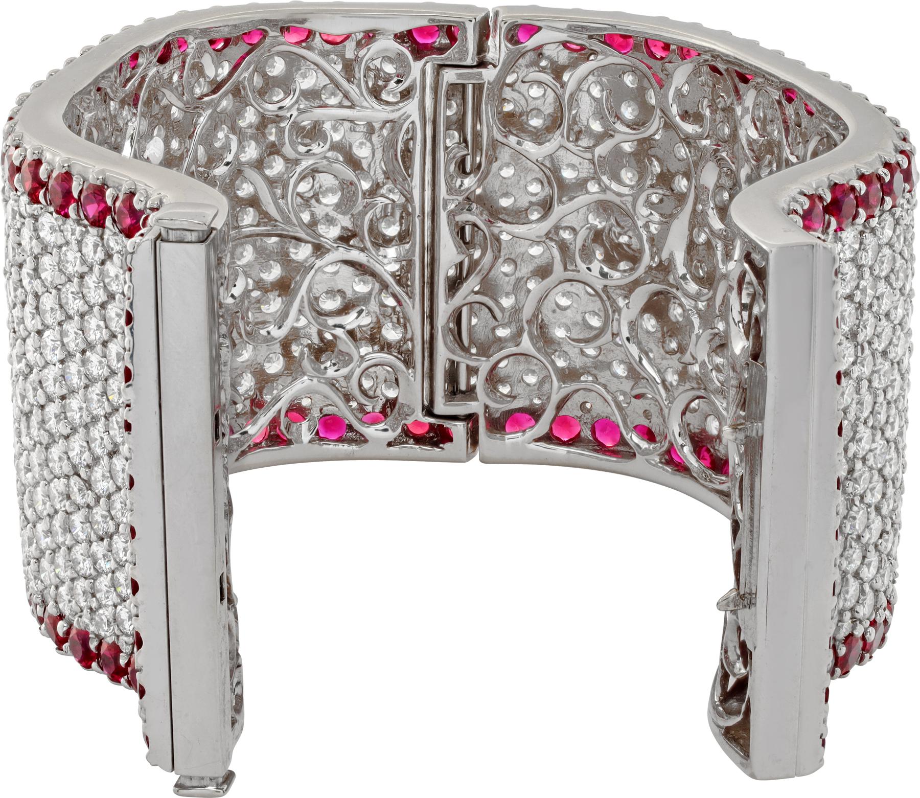 Women's Oscar night spectacular diamonds & rubies cuff bangle bracelet 18K white gold