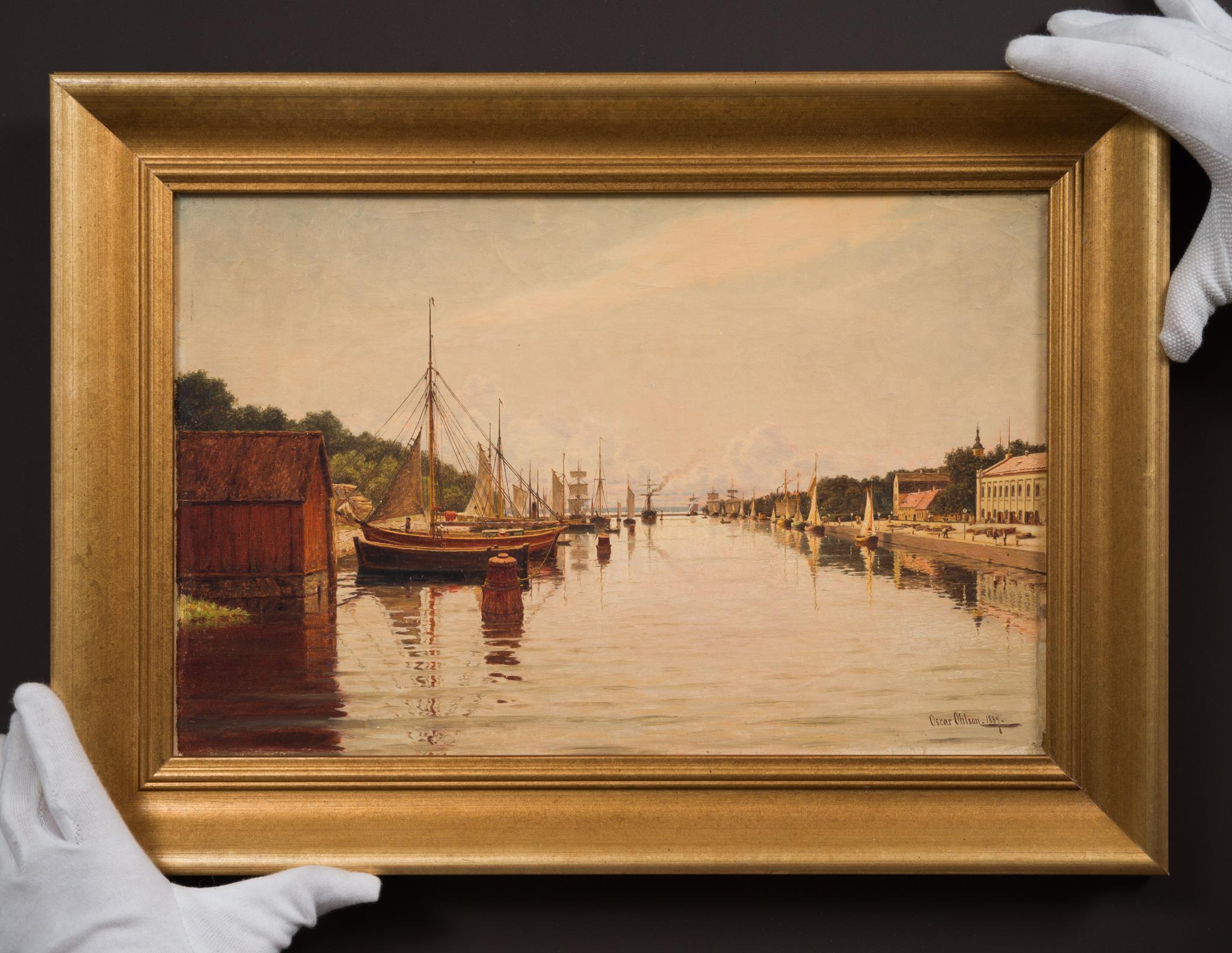 Der Hafen von Halmstad von Norden aus gesehen, 1889 – Painting von Oscar Ohlson