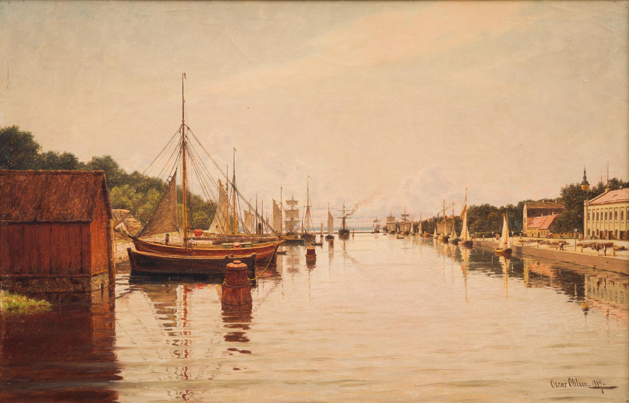 Halmstad Harbour Seen From the North, 1889 - Realist Painting by Oscar Ohlson