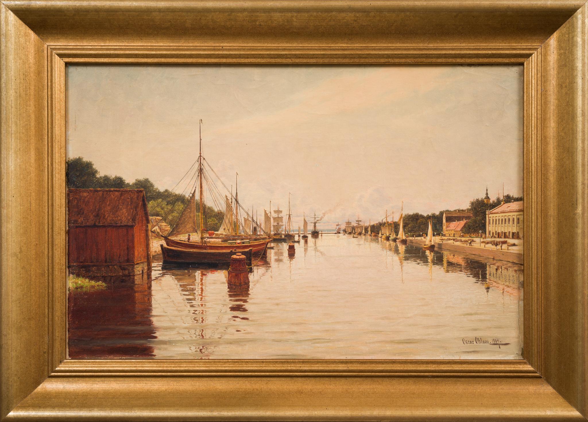 Oscar Ohlson Landscape Painting – Der Hafen von Halmstad von Norden aus gesehen, 1889