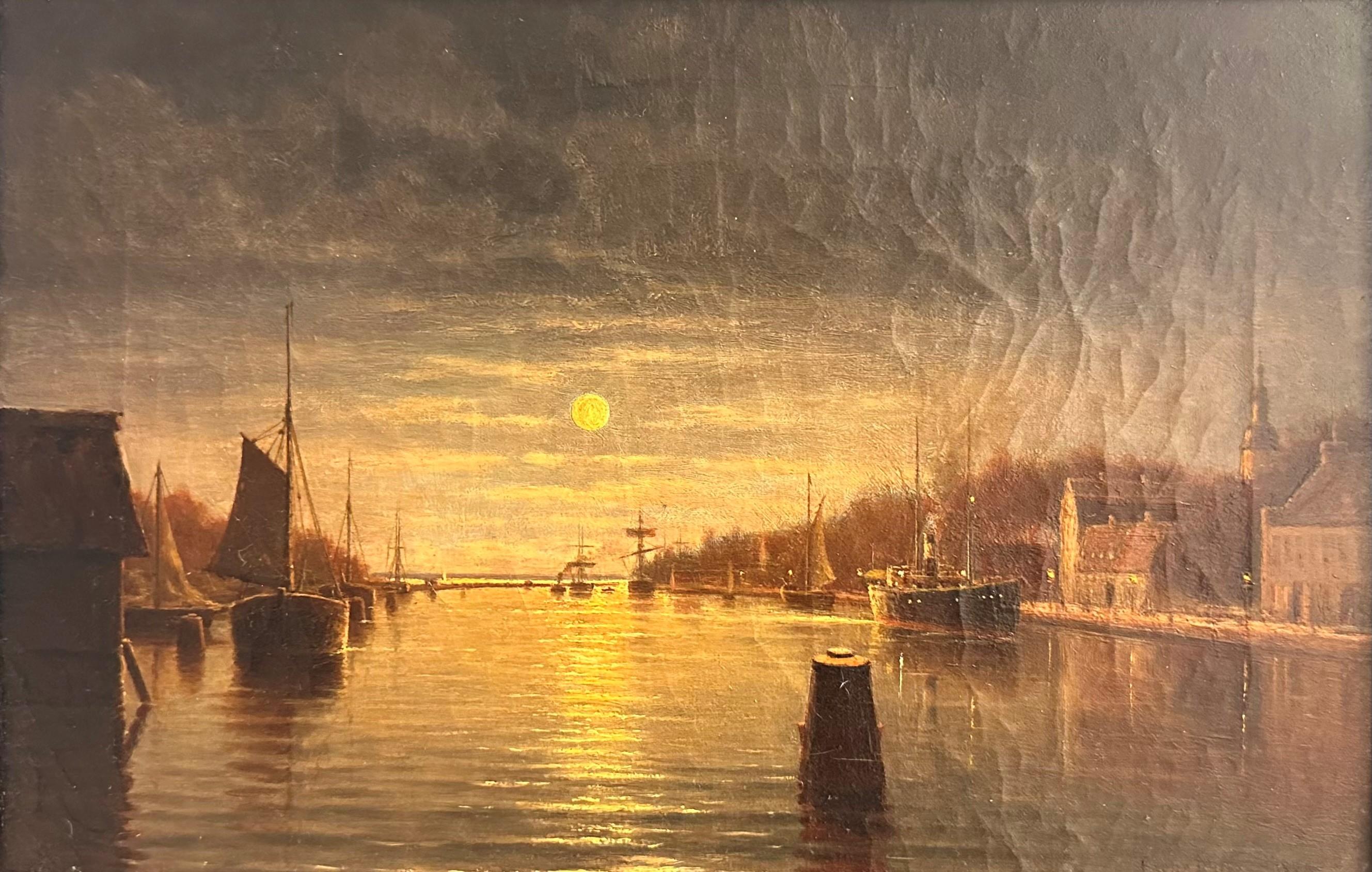 Sunset in Halmstad Harbour - Painting by Oscar Ohlsson