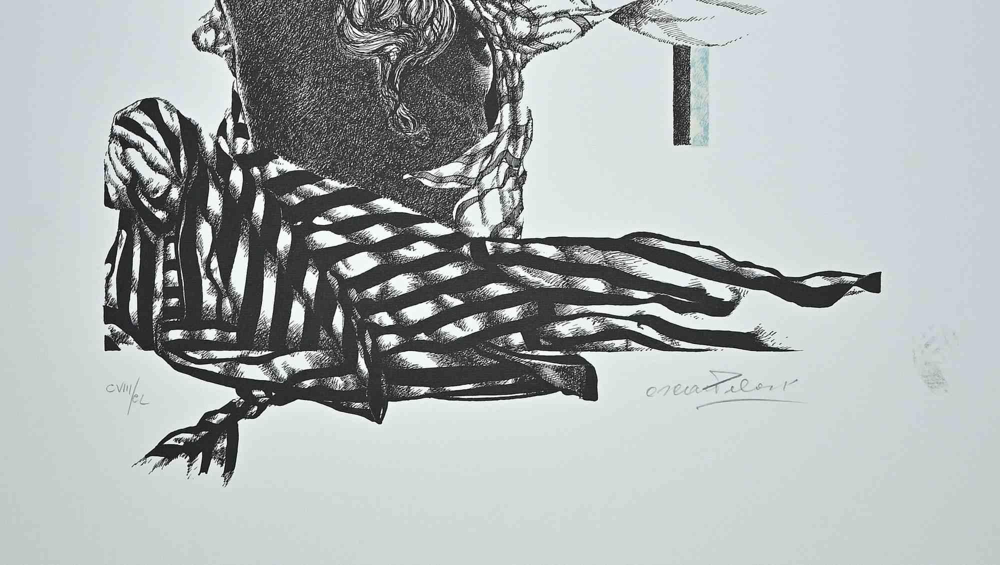 La femme avec un oiseau - Lithographie originale d'Oscar Pelosi - années 1980 en vente 1