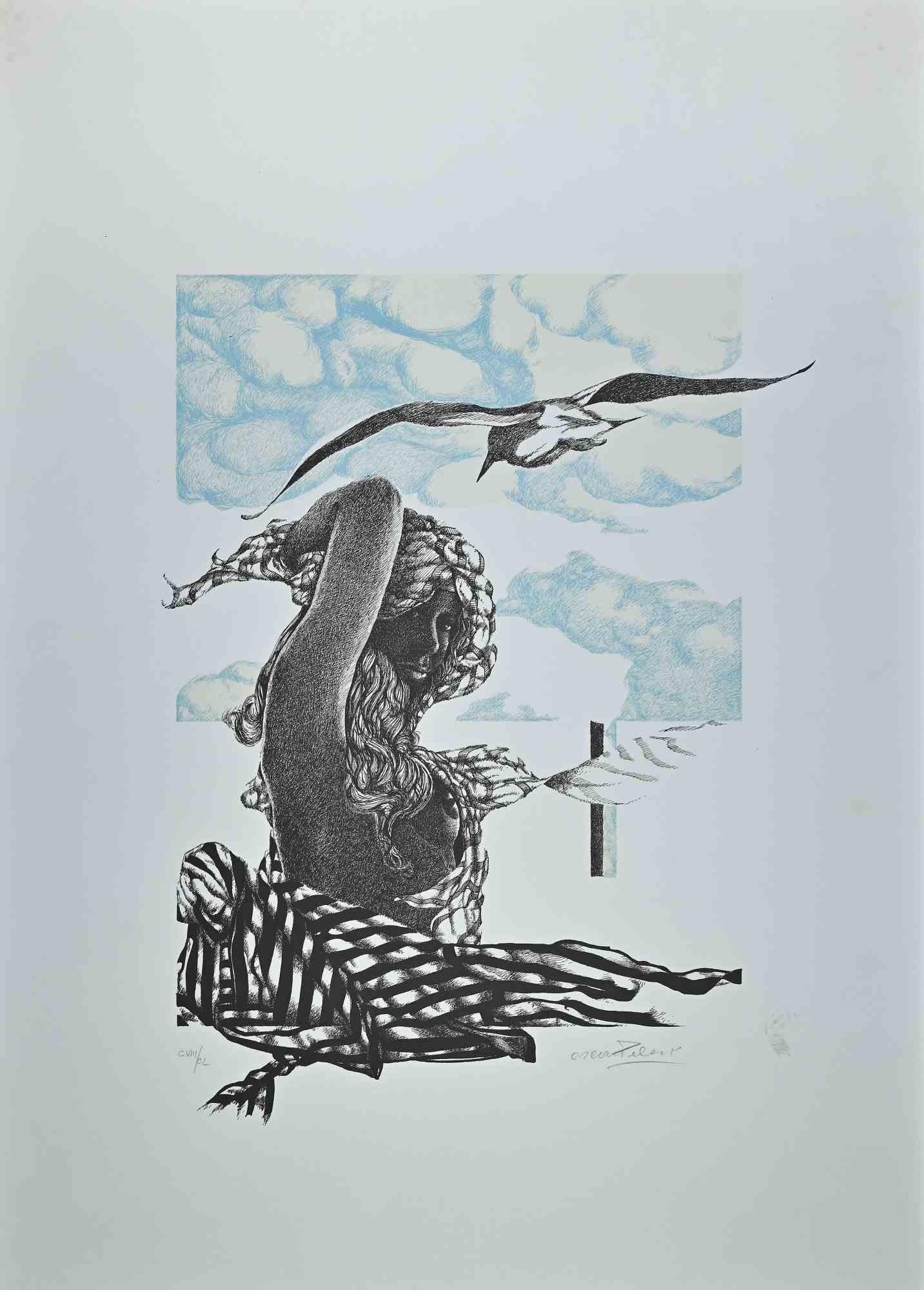 The Woman With Bird is an original colored  Lithograph realized by Oscar Pelosi during the 1980s .

The artwork is hand-signed in pencil by the artist on the lower right. Numbered, on the lower left.

Good conditions.

With the label of certificate