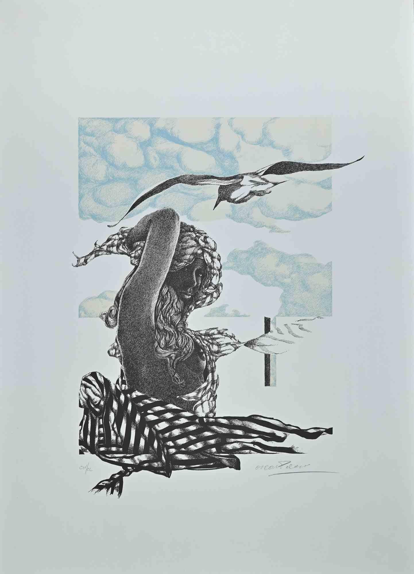 The Woman With Bird - Original Lithograph by Oscar Pelosi - 1980s