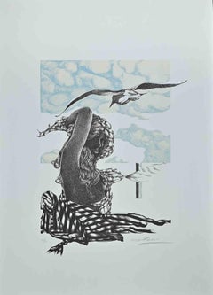 Retro The Woman With Bird - Original Lithograph by Oscar Pelosi - 1980s