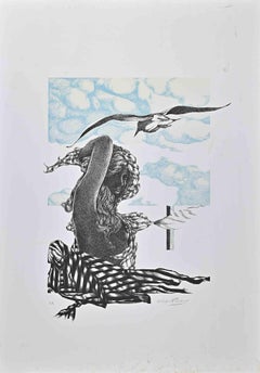 La femme avec un oiseau, lithographie originale d'Oscar Pelosi, années 1980