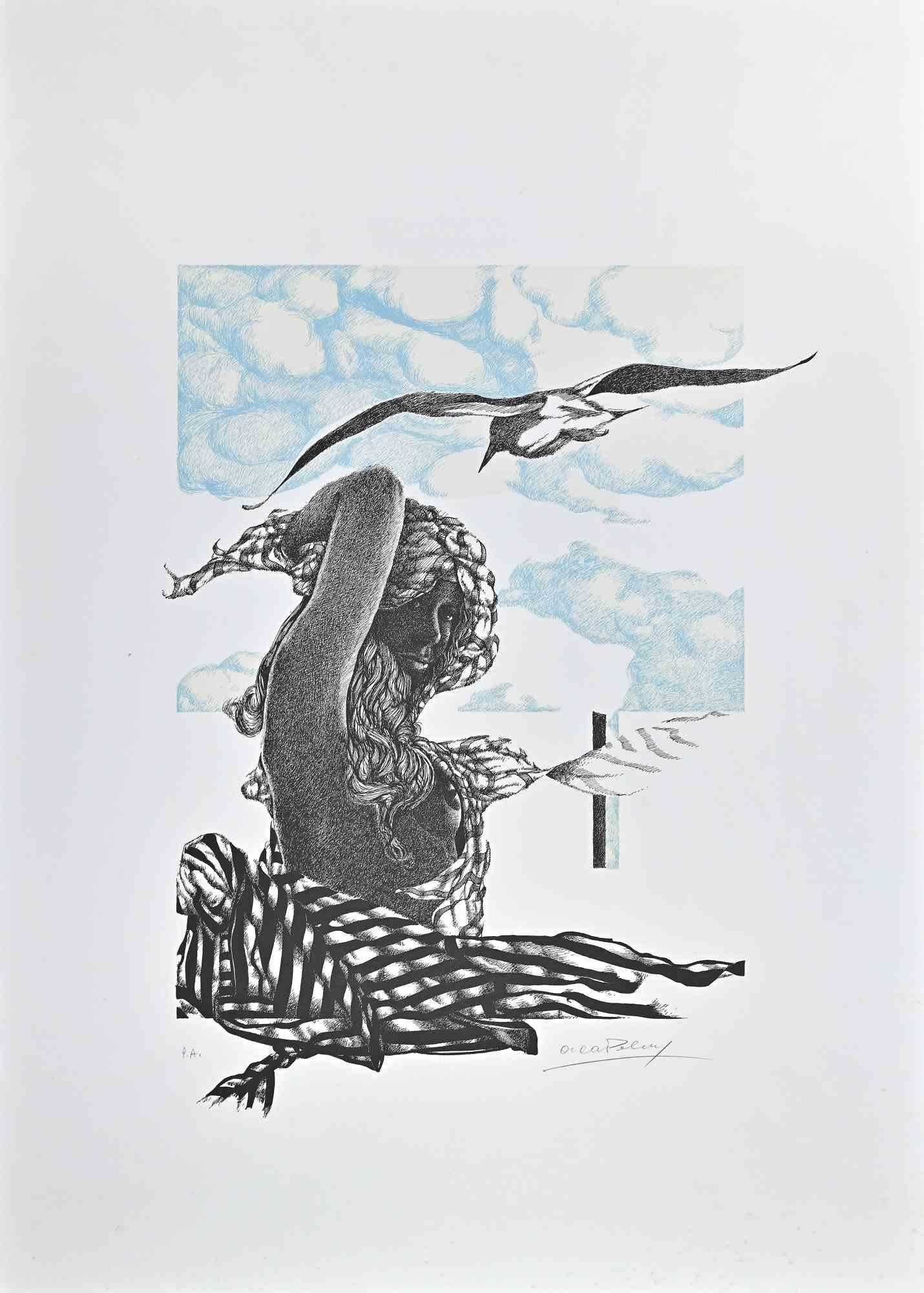 Die Frau mit Vogel – Lithographie von Oscar Pelosi – 1980er Jahre