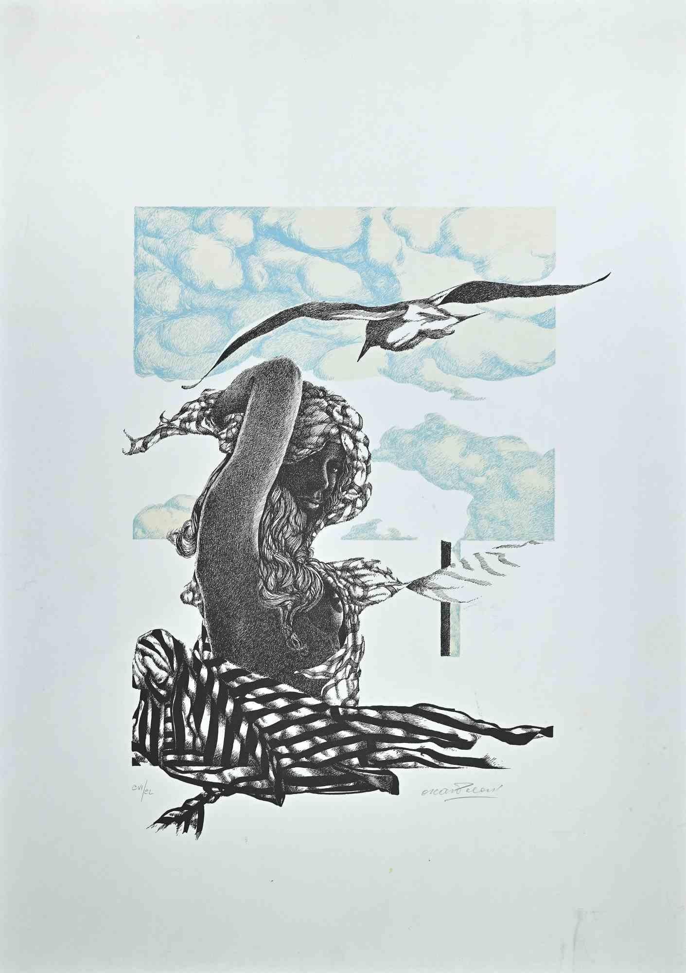 Die Frau mit dem Vogel  Originallithographie von Oscar Pelosi – 1980er-Jahre