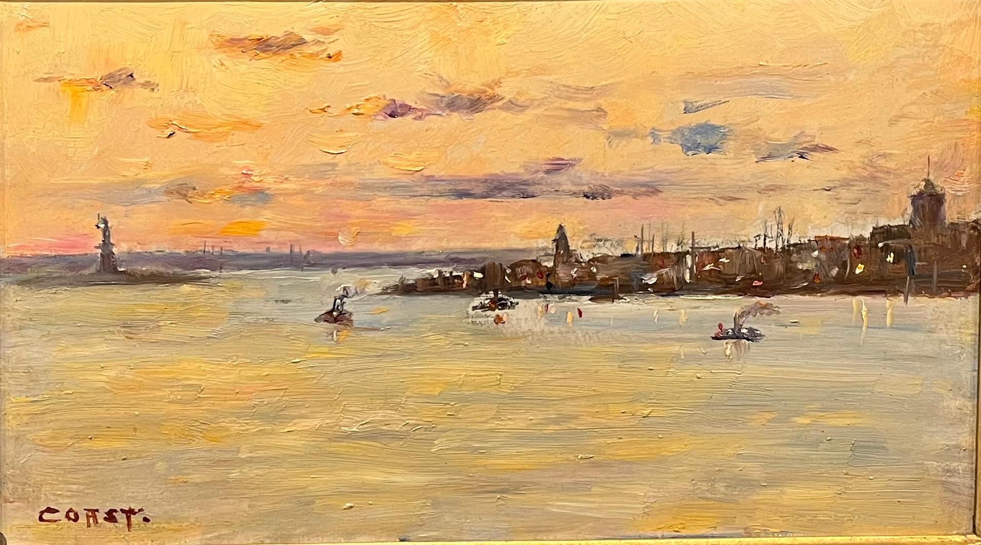 Landschaft von New York City, Ölgemälde mit Freiheitsstatue, New Yorker Hafen, NY – Painting von Oscar Regan Coast