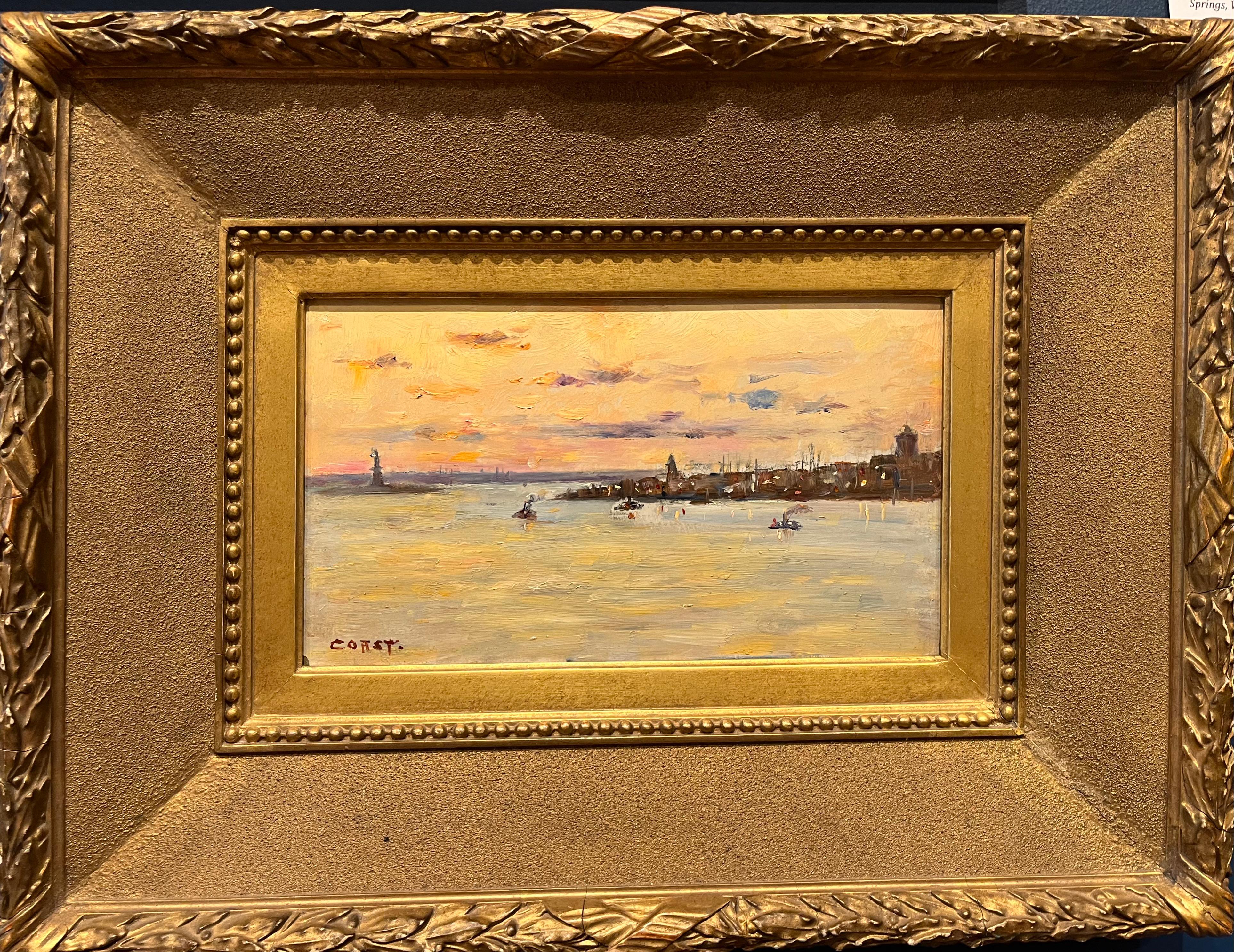 Landscape Painting di Oscar Regan Coast - New York City Paesaggio dipinto a olio con la Statua della Libertà, Porto di New York, NY