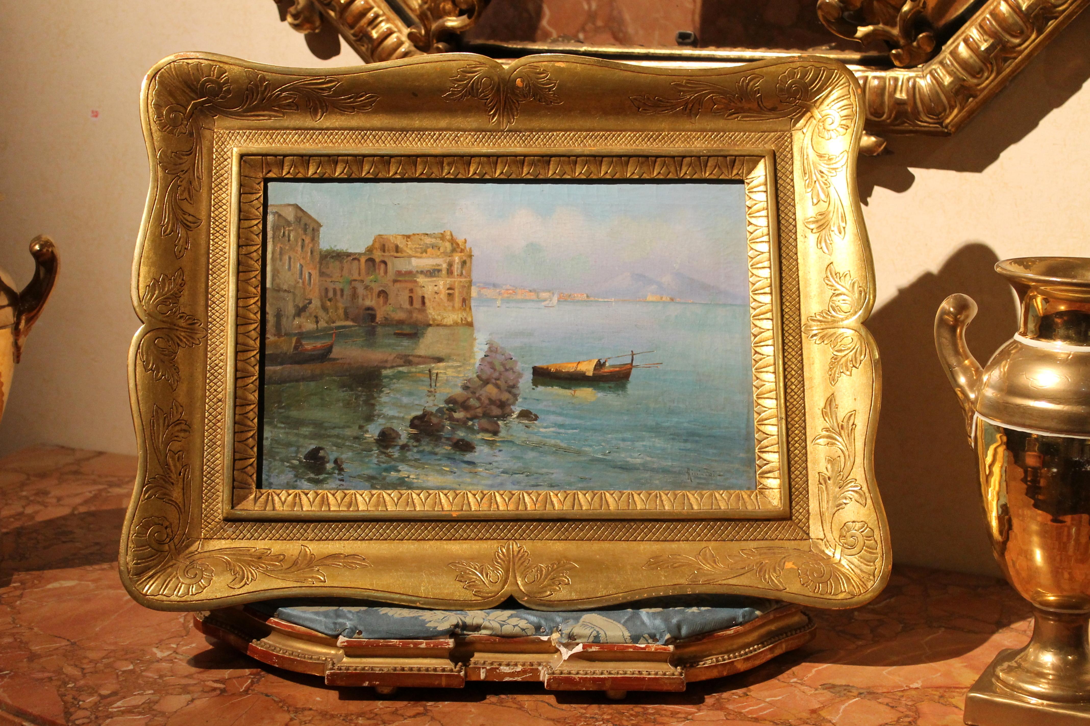 Hand-Carved Italian Impressionist 19th Century Oil on Canvas Marine Landscape Painting 