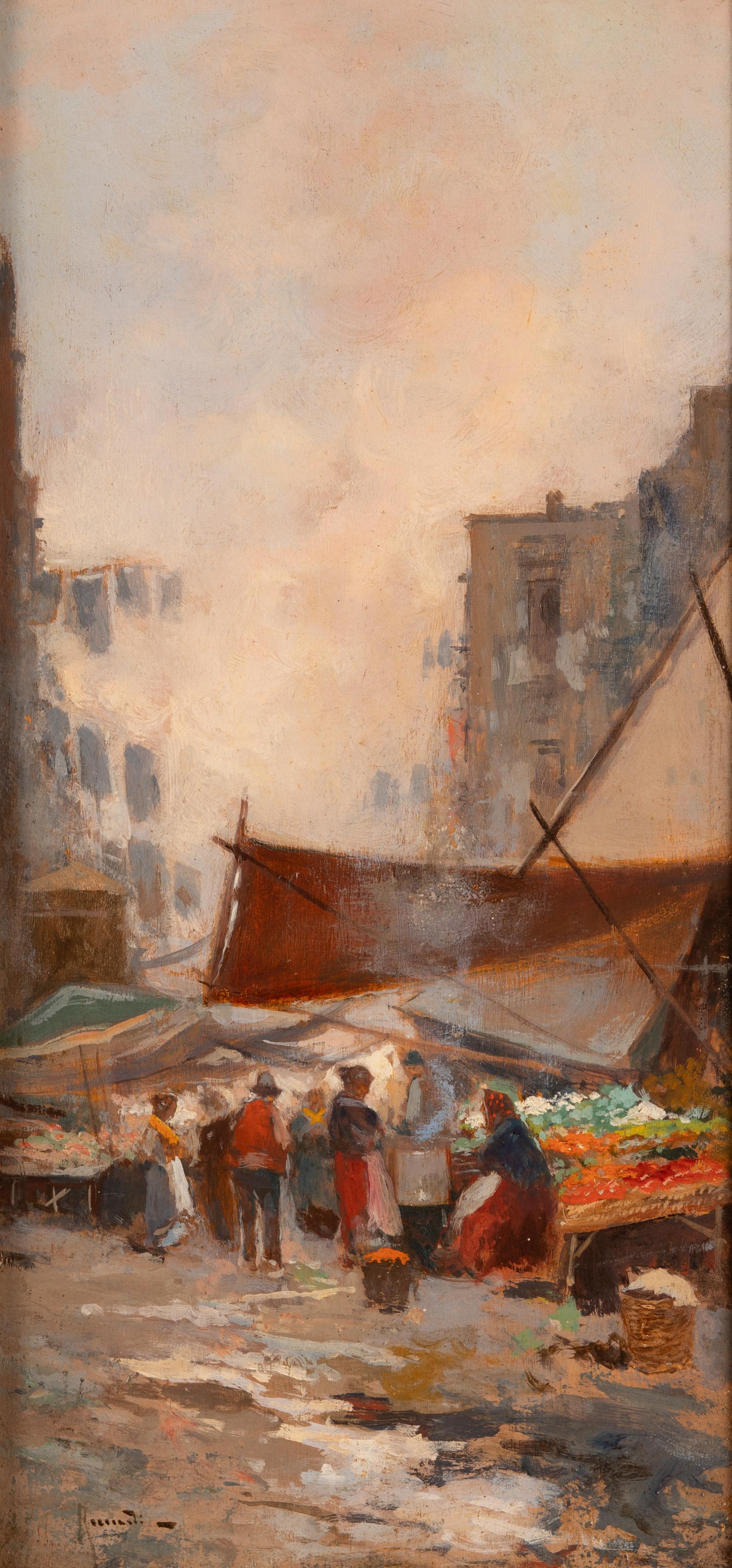 Bustling Street Market Scene, 19th century Oil on Board