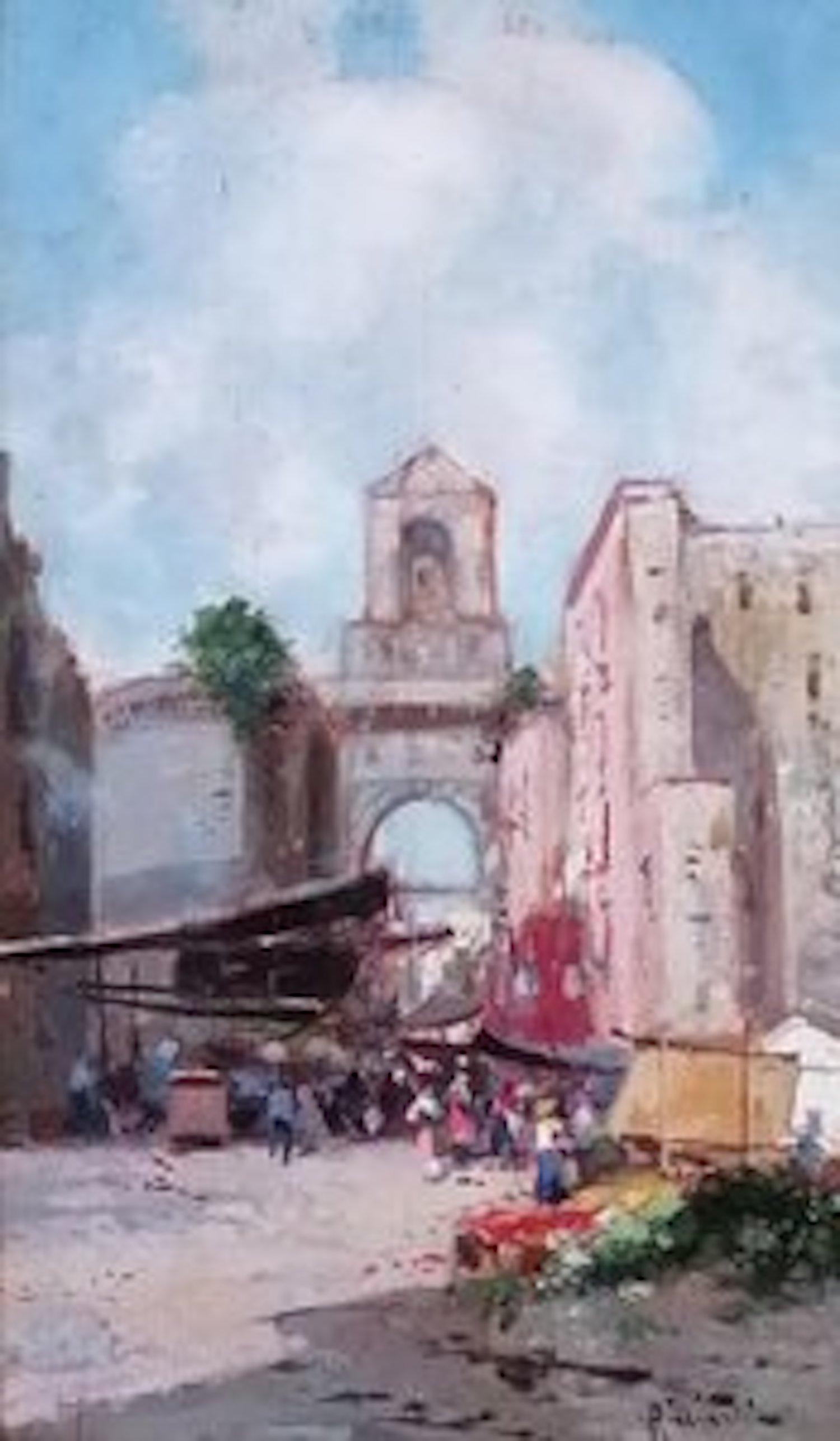 Landscape Painting de Oscar Ricciardi - Animada Plaza de Nápoles con Mercado