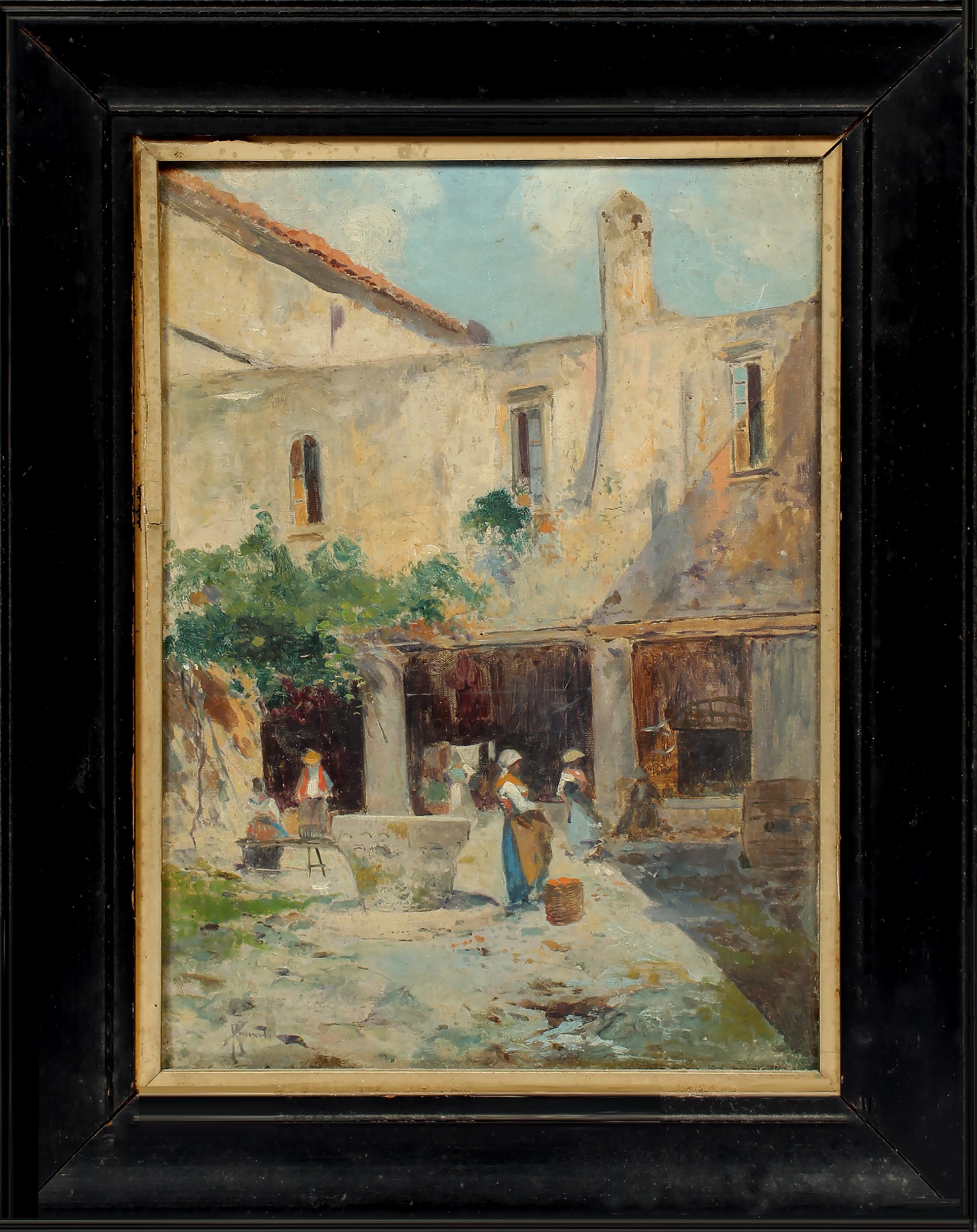 Oscar Ricciardi Courtyard Naples Women Wash Antique Oil on canvas Painting 1900