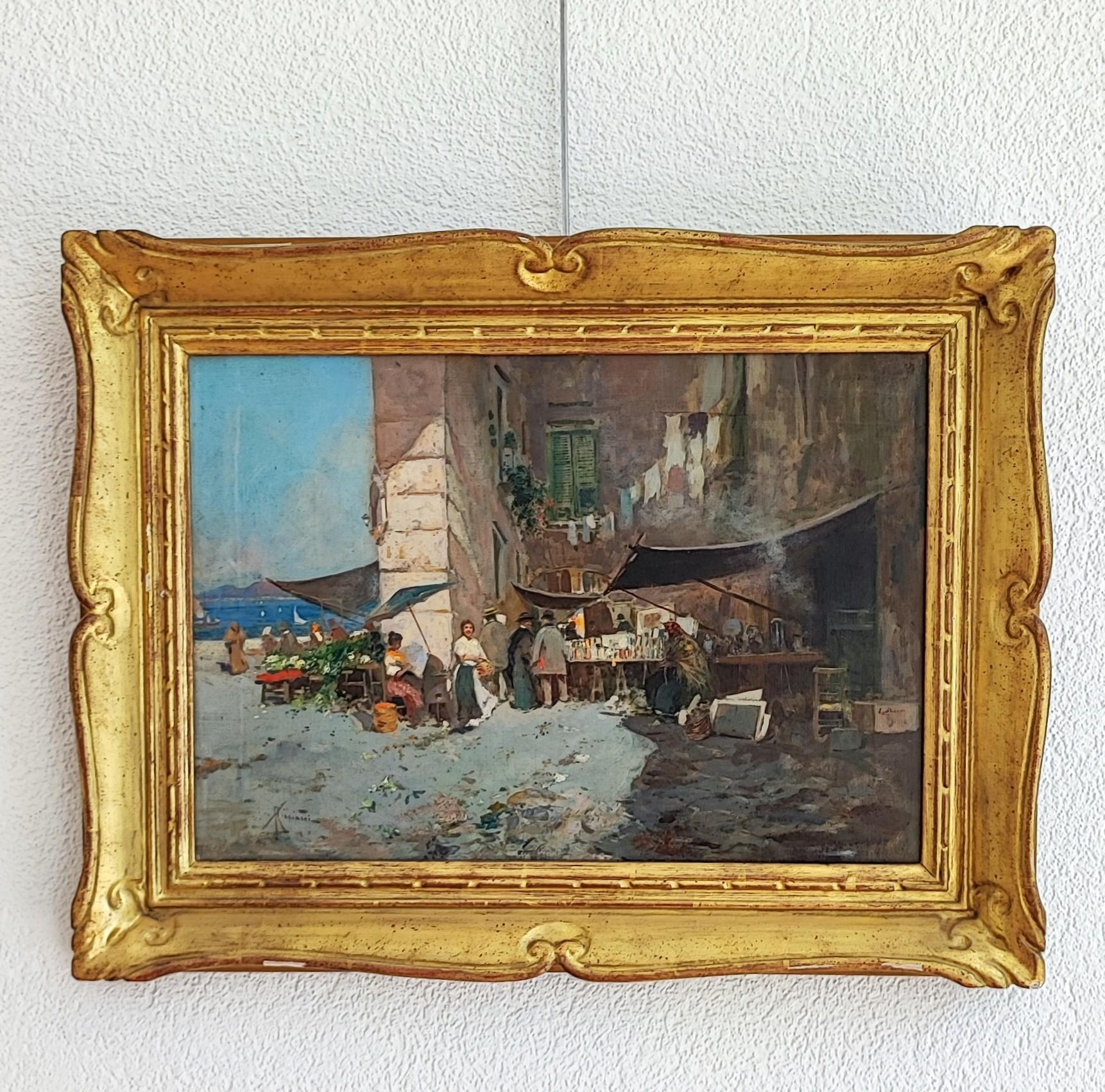 Piccolo mercato vivace di Napoli e vista sul Vesuvio - Painting di Oscar Ricciardi