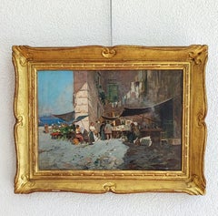 Small lively market in Naples and view of Vesuvius