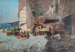 Small lively market in Naples and view of Vesuvius