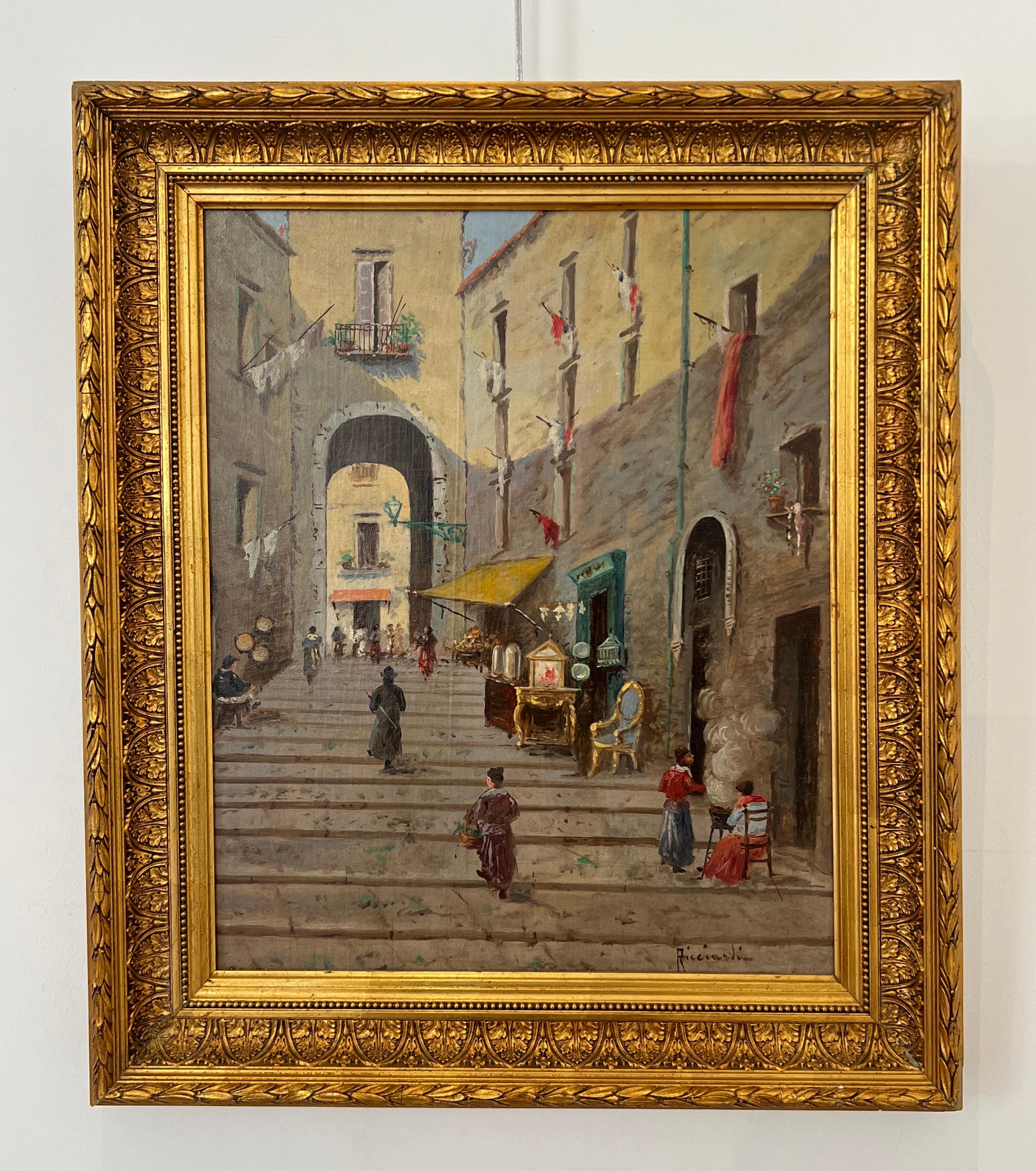 Meuble de rangement en vieux châtaignier de Naples et antiquaire - Painting de Oscar Ricciardi