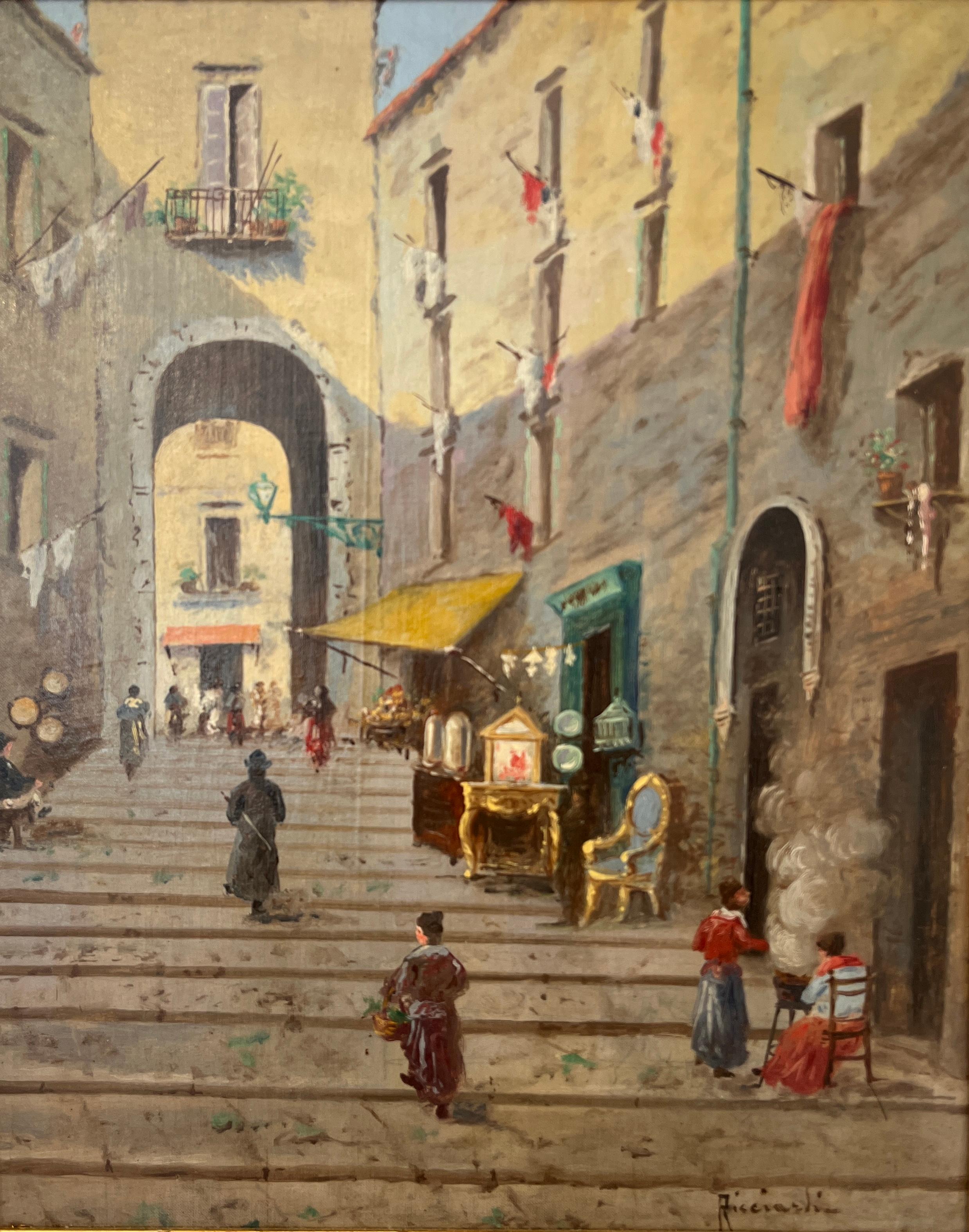 Landscape Painting Oscar Ricciardi - Meuble de rangement en vieux châtaignier de Naples et antiquaire