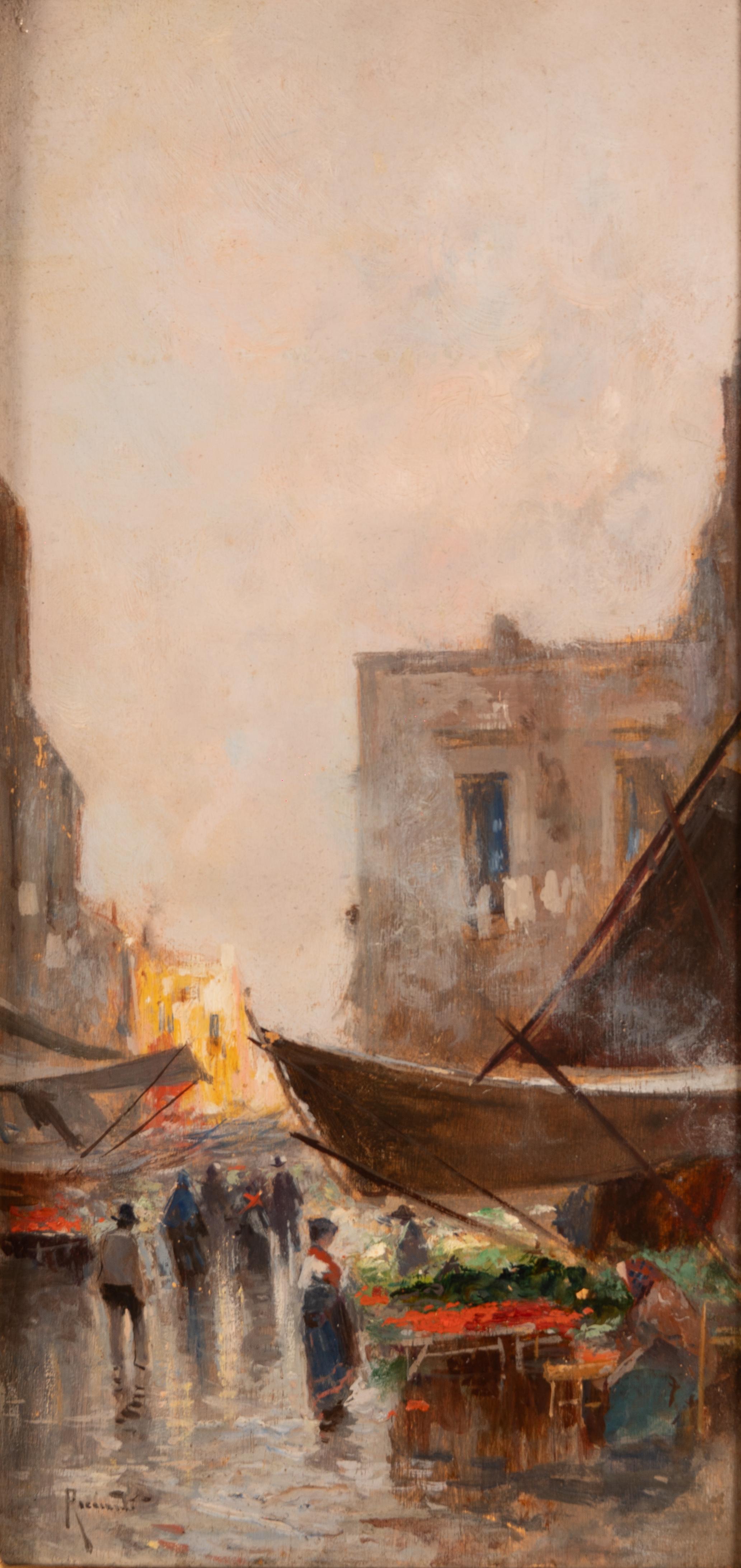 Sunlit Market Street Scene, Oil on Canvas, 20th Century Landscape Painting