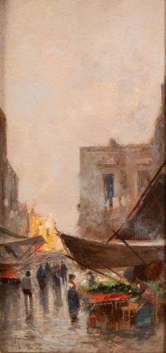 Sunlit Market Street Scene, Oil on Canvas, 20th Century Landscape Painting