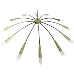 Midcentury green metal and brass Chandelier Oscar Torlasco Italy 60s