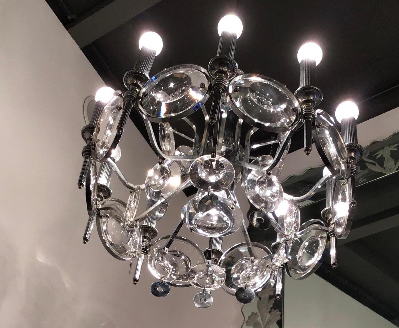 Other Oscar Torlasco Chandelier Glass Metal Crome, 1960, Italy For Sale