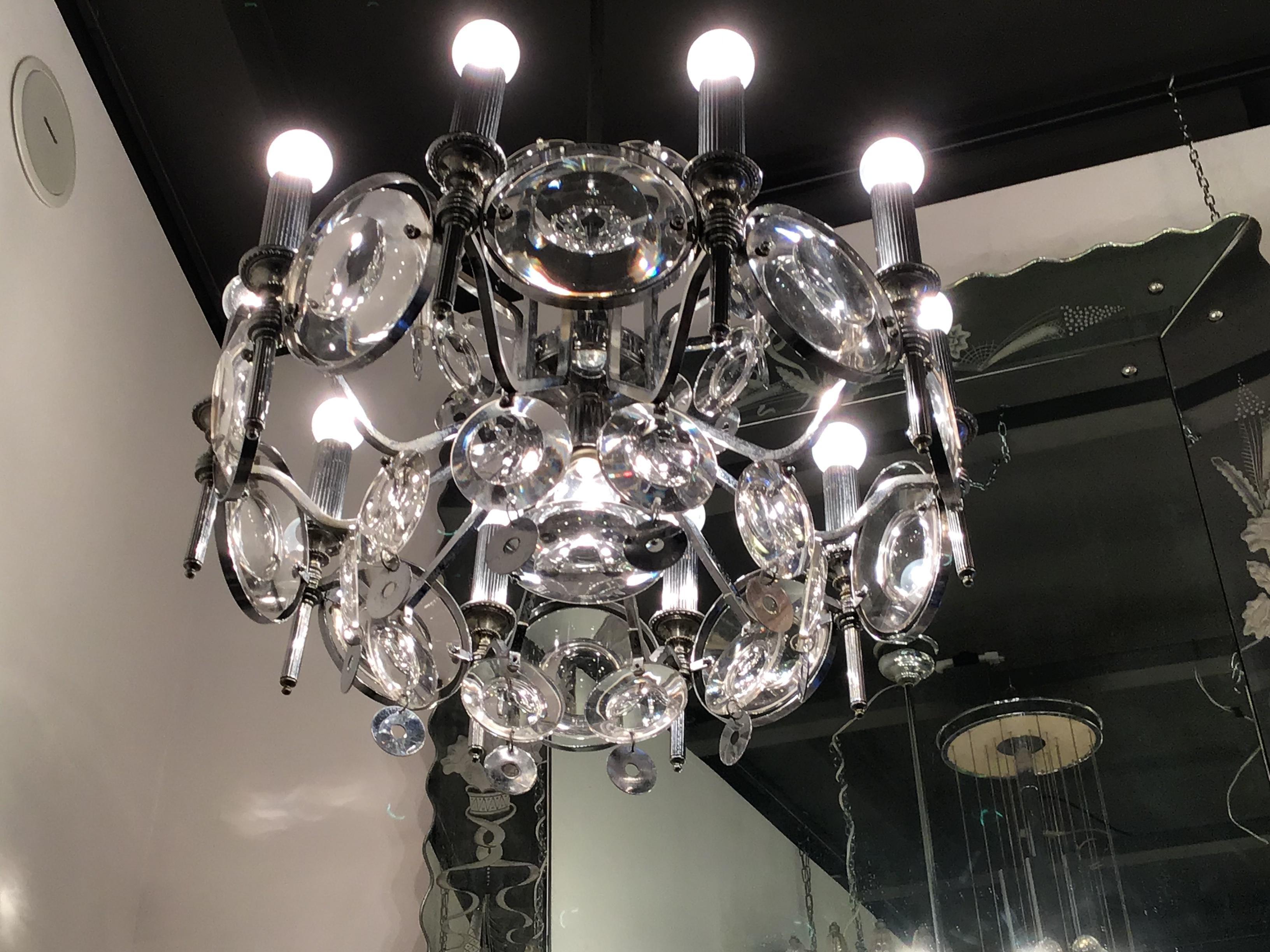 Oscar Torlasco Chandelier Glass Metal Crome, 1960, Italy In Excellent Condition For Sale In Milano, IT