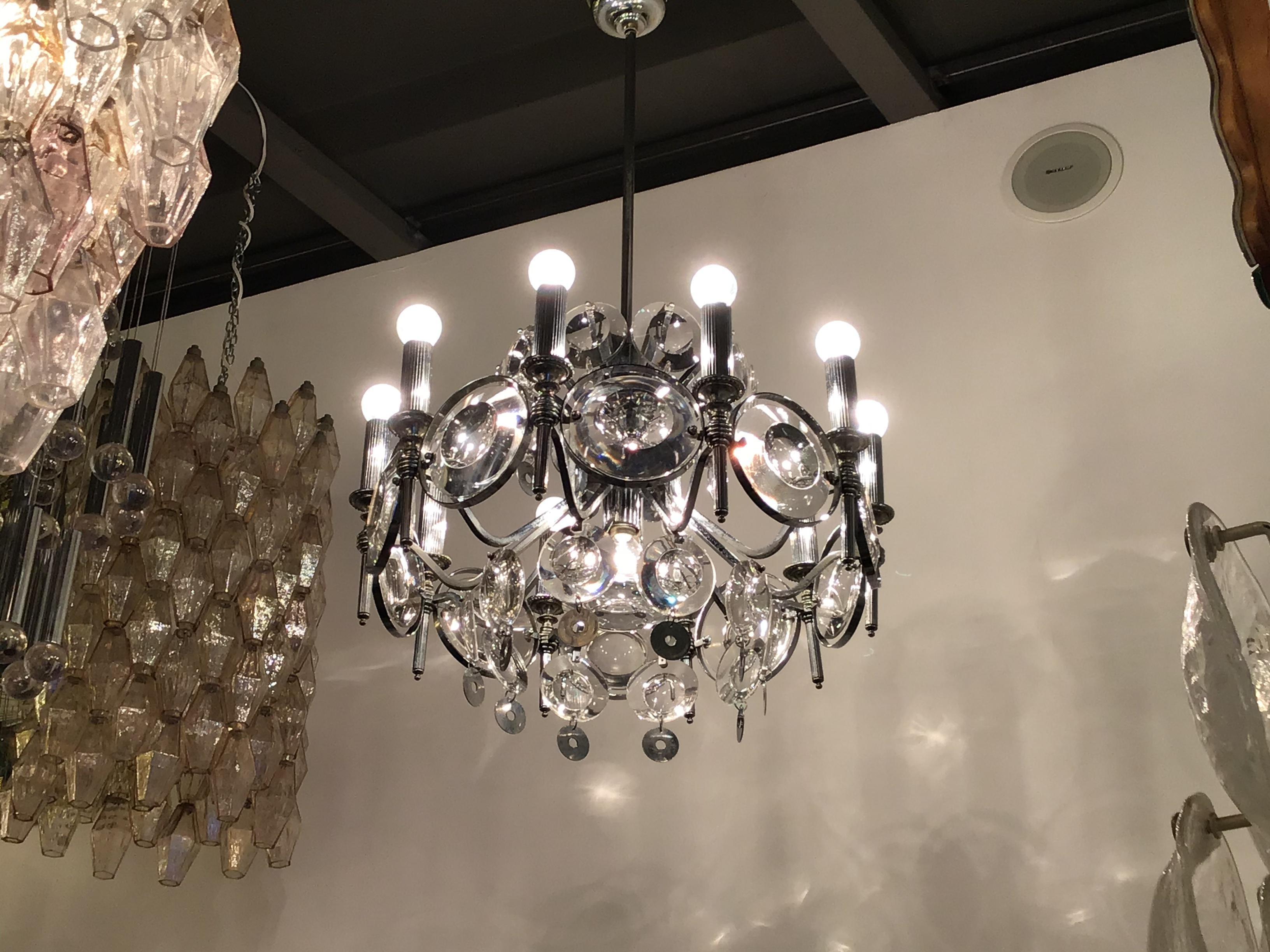 Mid-20th Century Oscar Torlasco Chandelier Glass Metal Crome, 1960, Italy For Sale