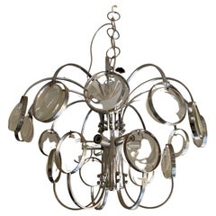 Vintage Oscar Torlasco Chandelier with Large Glass Murano, Chrome Structure, Italy, 1970