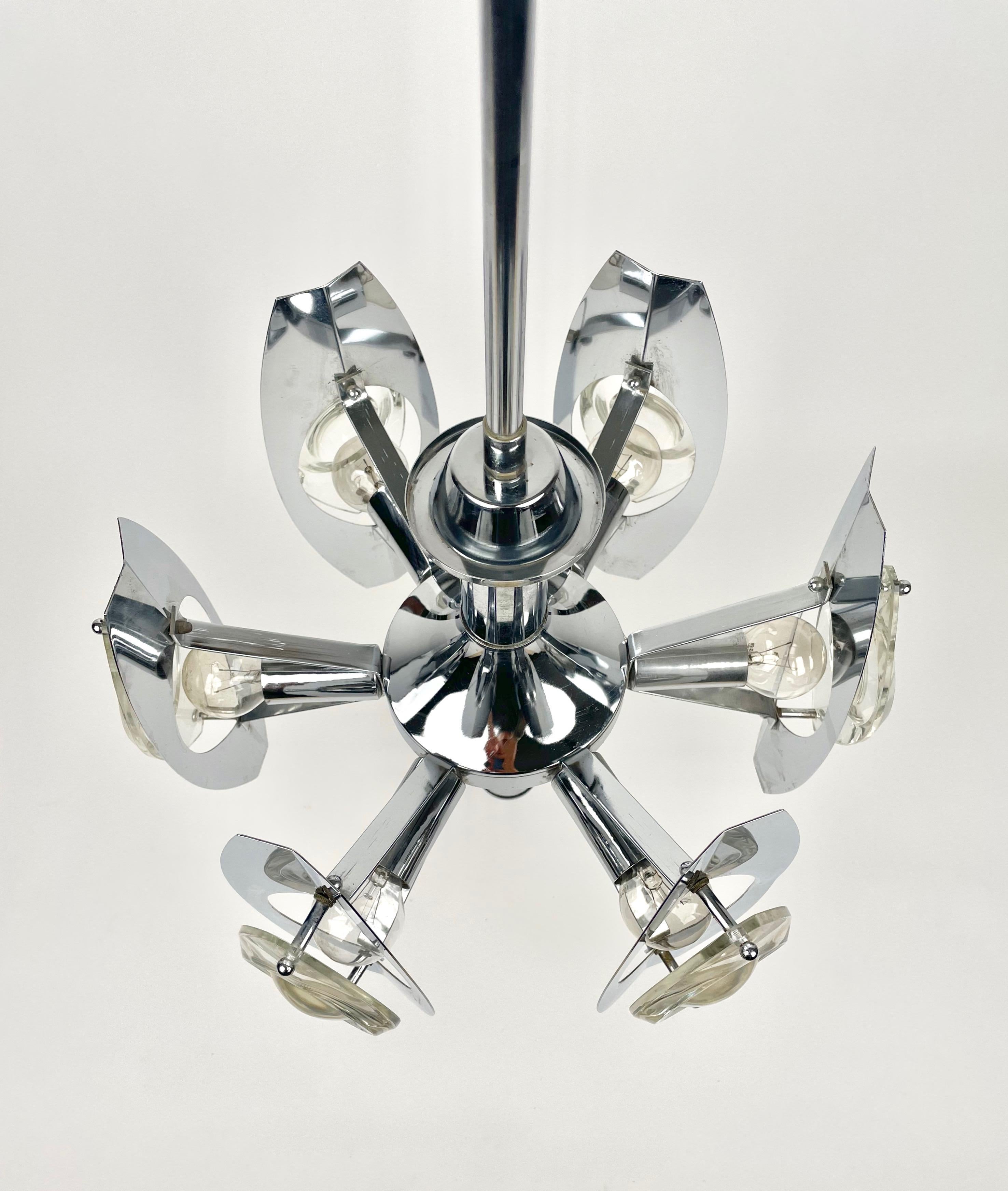 Oscar Torlasco Chrome Glass Lens Six Lights Chandelier Lamp, Italy, 1960s For Sale 2