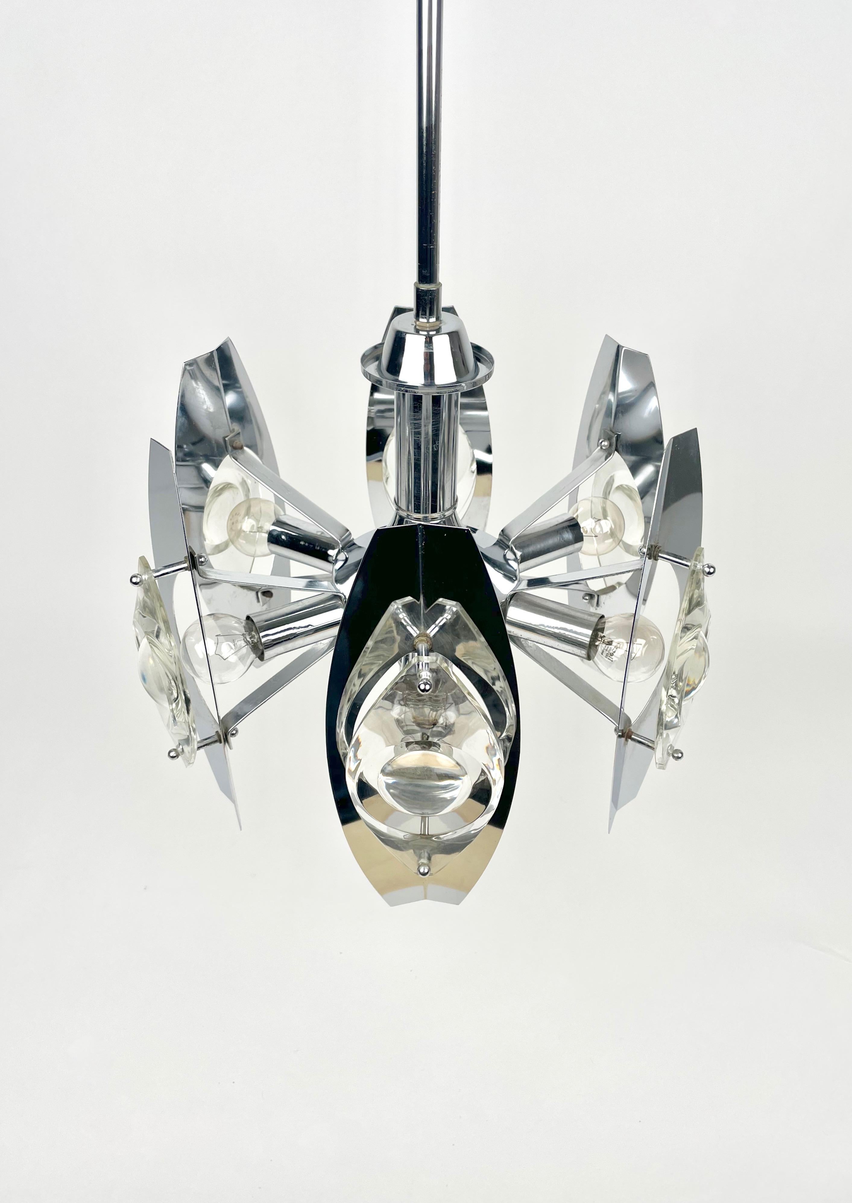 Oscar Torlasco Chrome Glass Lens Six Lights Chandelier Lamp, Italy, 1960s For Sale 3