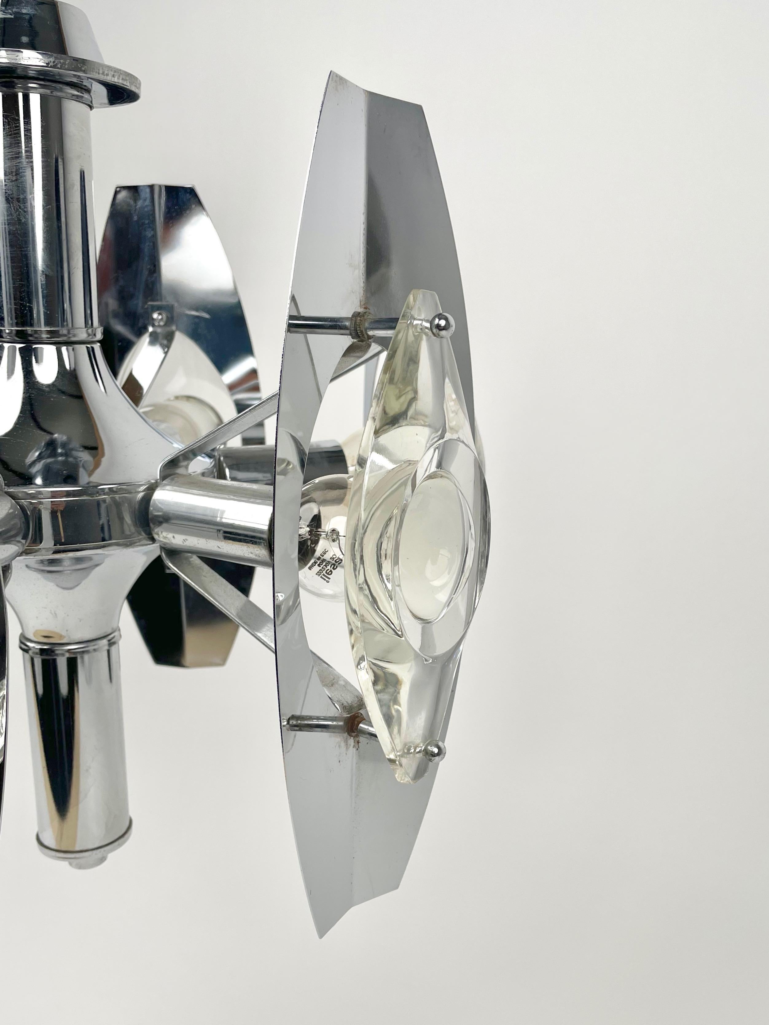 Oscar Torlasco Chrome Glass Lens Six Lights Chandelier Lamp, Italy, 1960s For Sale 1